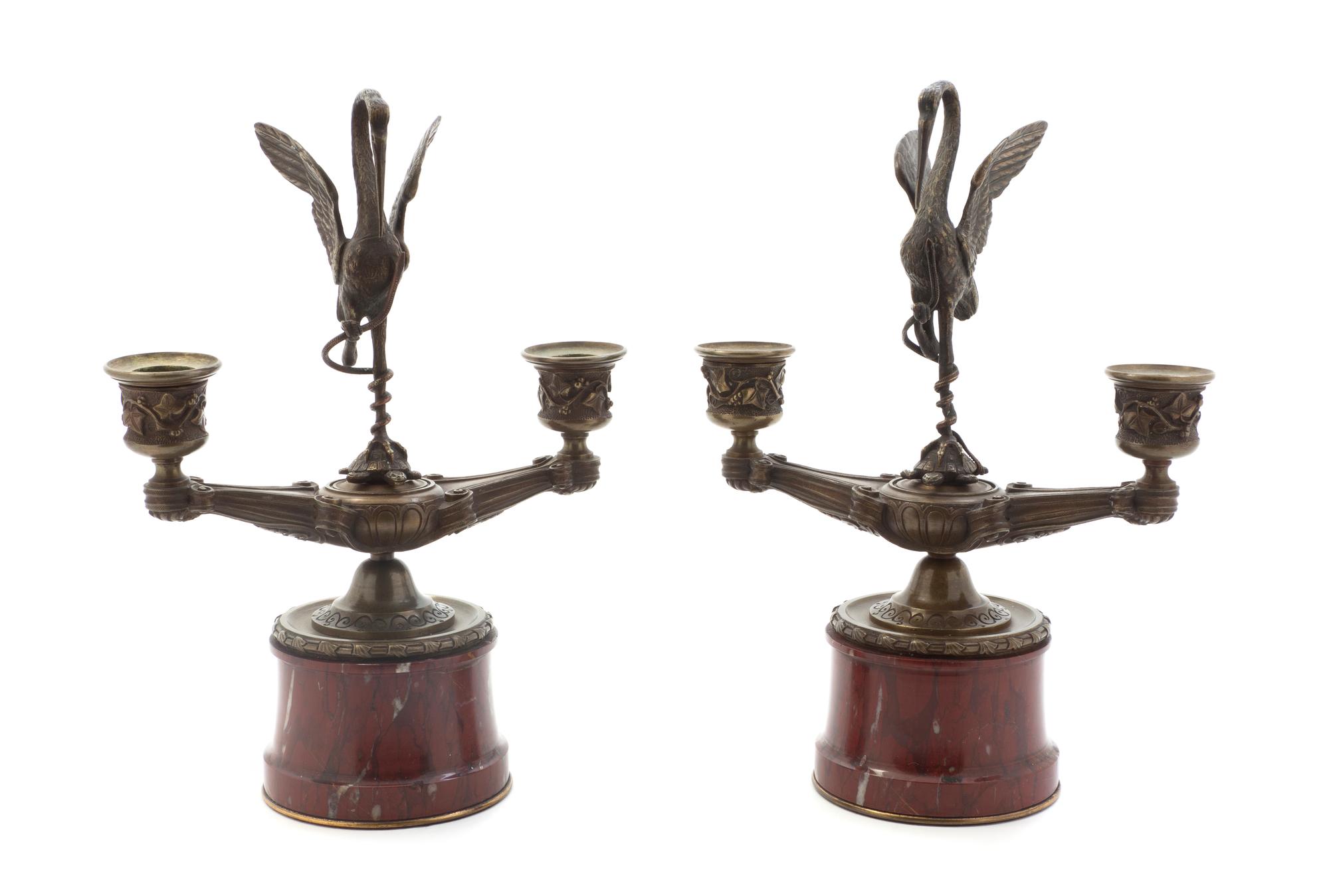 A Pair of Marble and Bronze Two-Light Candelabra, Height 10 1/2 inches.