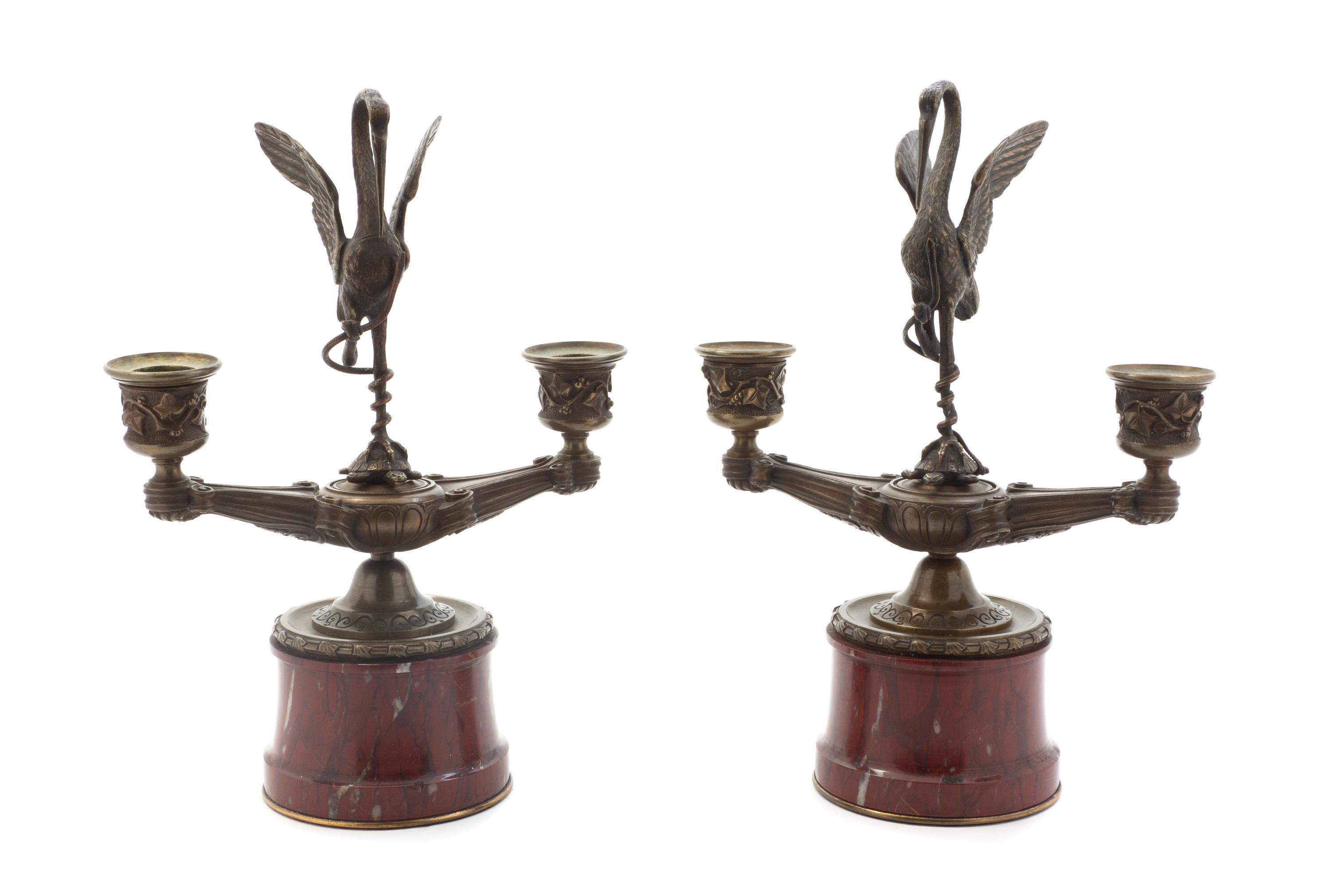 A Pair of Marble and Bronze Two-Light Candelabra, Height 10 1/2 inches.