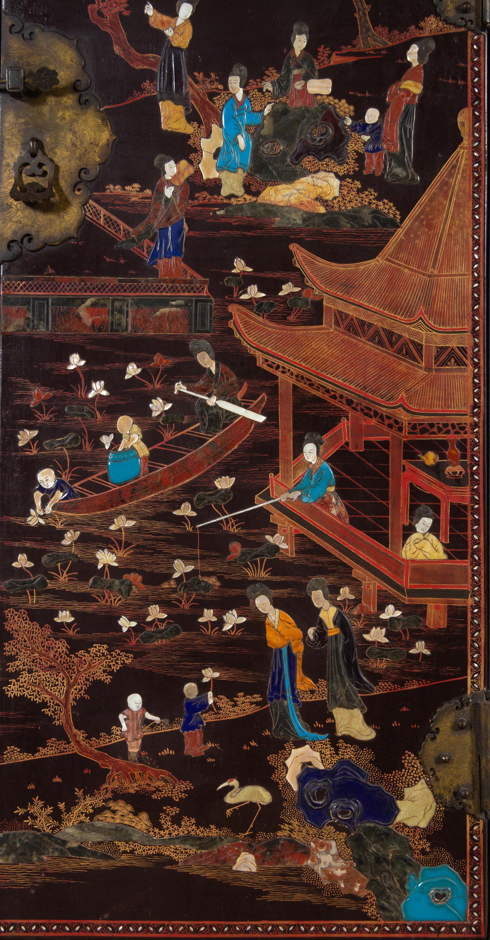 A Large Pair of Chinese Soapstone and Hardstone Inlaid Brown Lacquer Cabinets