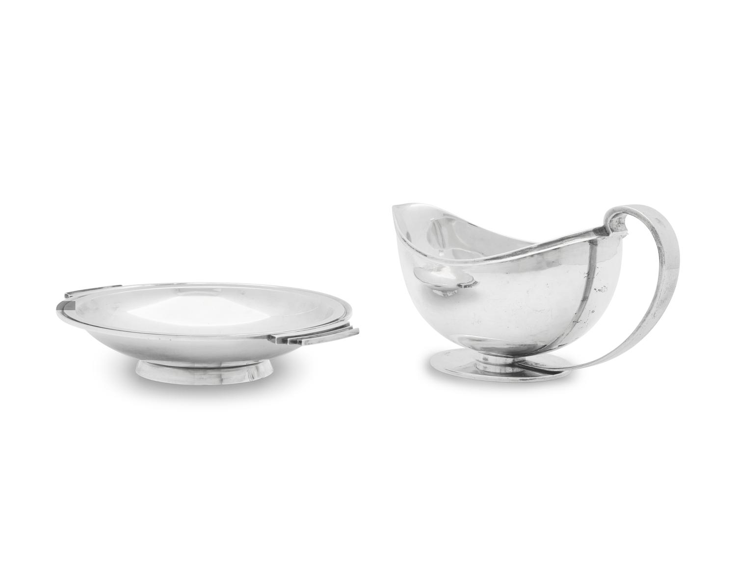 A Harald Nielsen Designed Georg Jensen Silver Pyramid Bowl and Associated Harald Nielsen Designed Sauceboat
