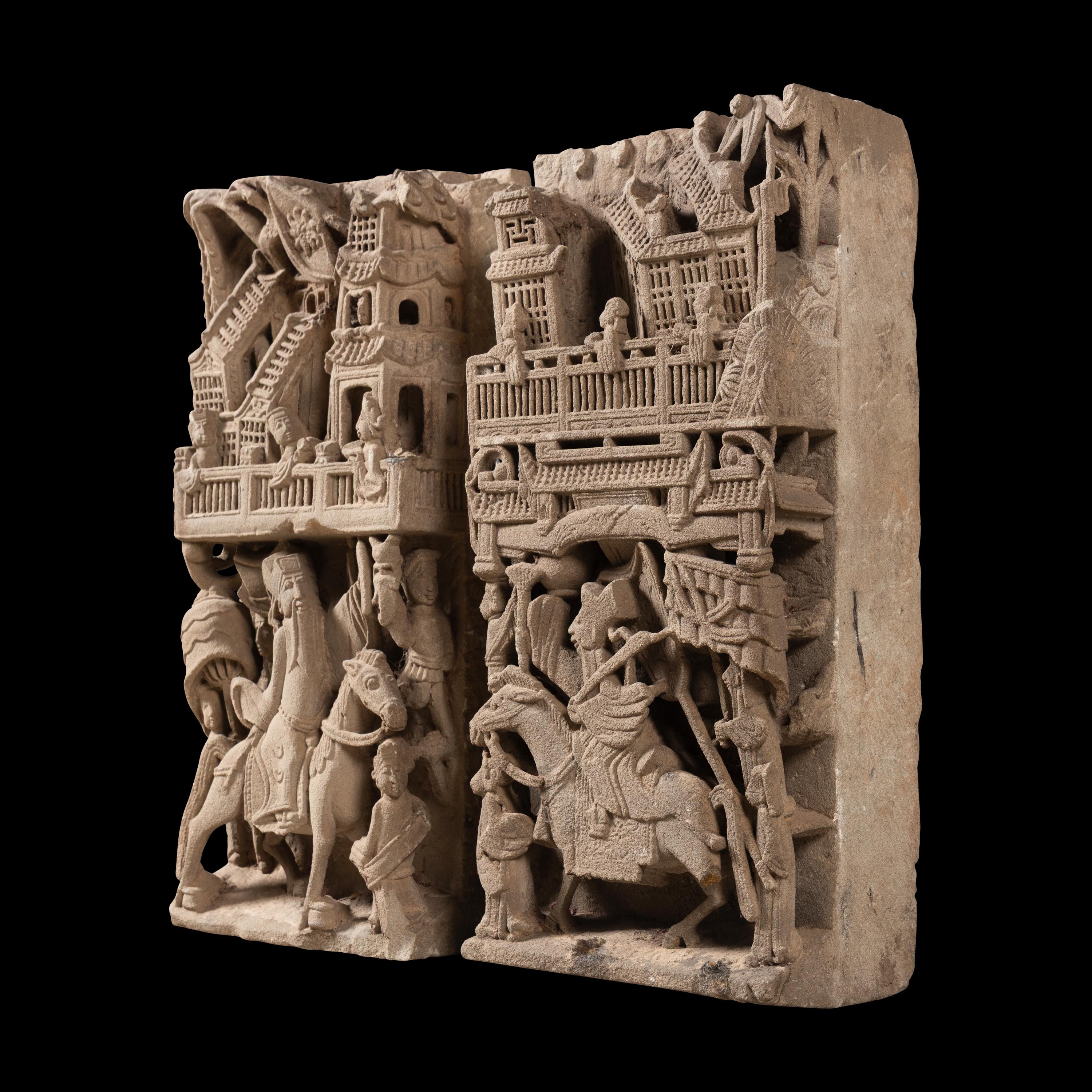 A Pair of Chinese Carved Stone Panels, 18th-19th Century — 清中期 亭台人物圖石雕一對
