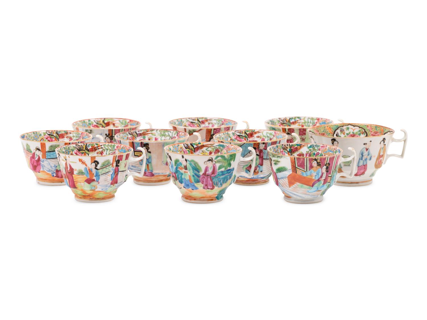 Ten Chinese Export Rose Medallion Porcelain Cups