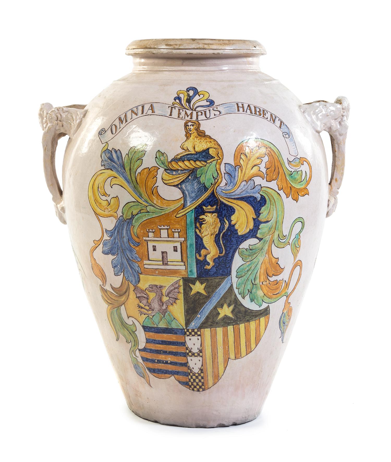A Large Italian Faience Twin-Handled Jar Height 35 inches.