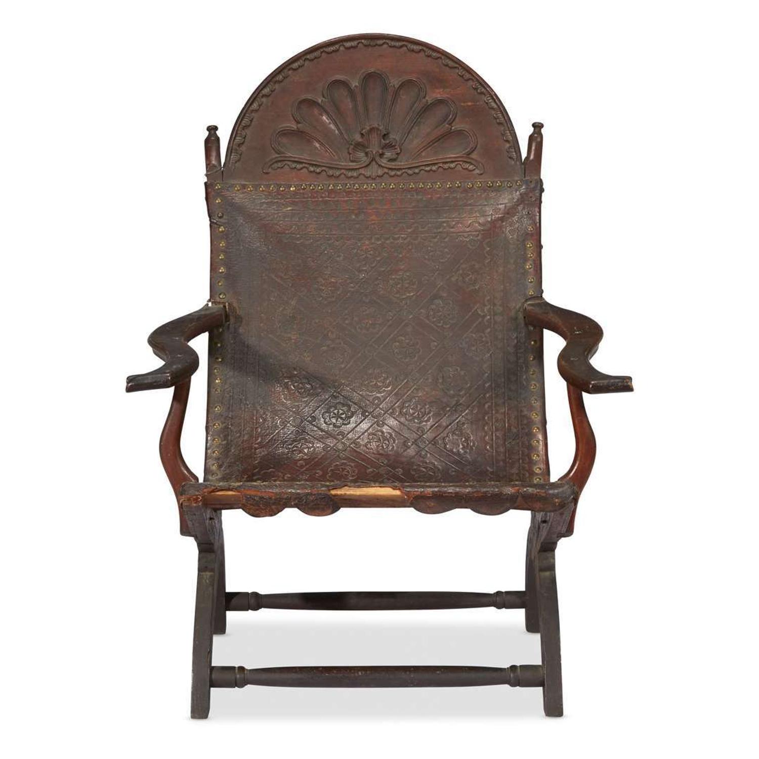 Carved mahogany and embossed leather campeche chair Mexico, first quarter 19th century