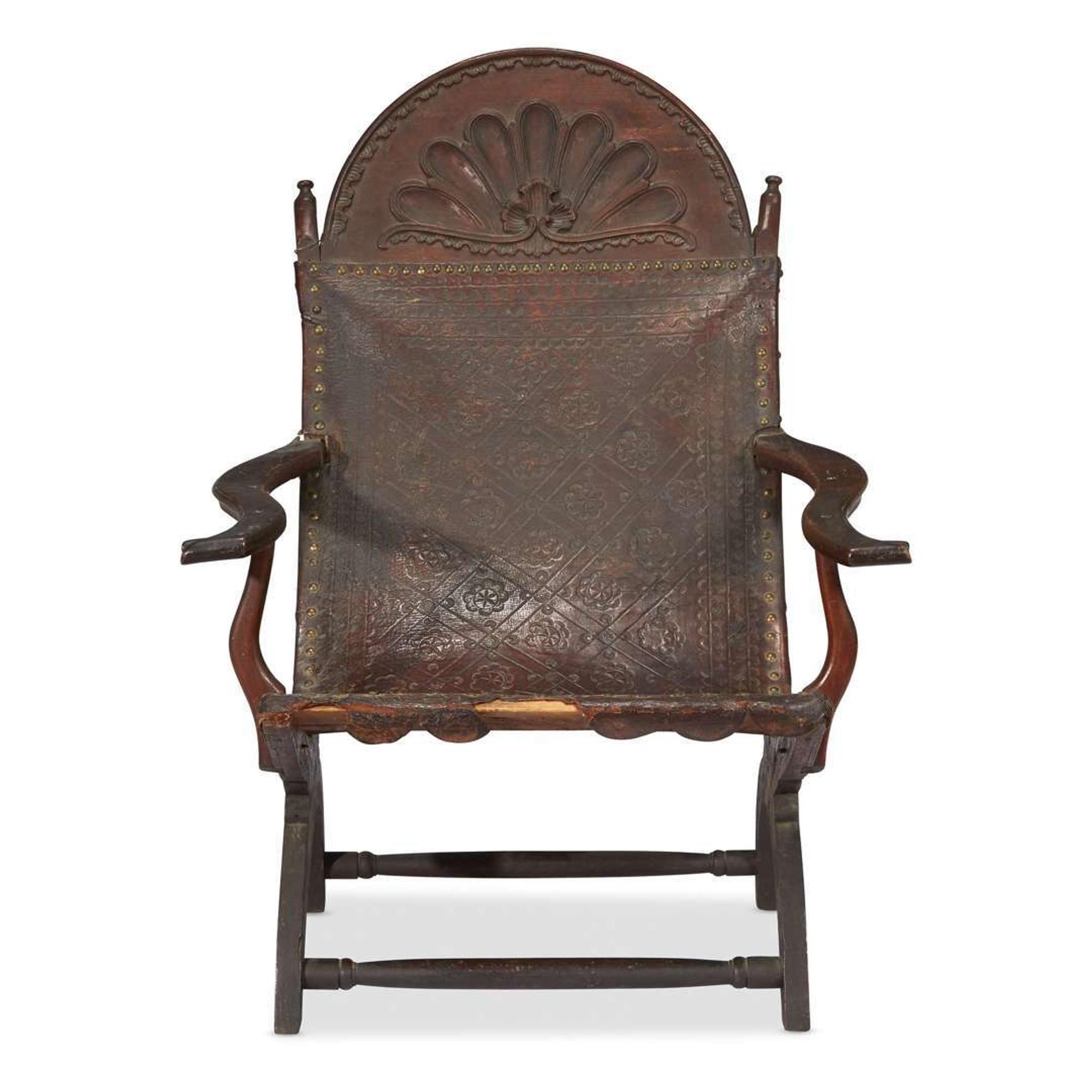 Carved mahogany and embossed leather campeche chair Mexico, first quarter 19th century