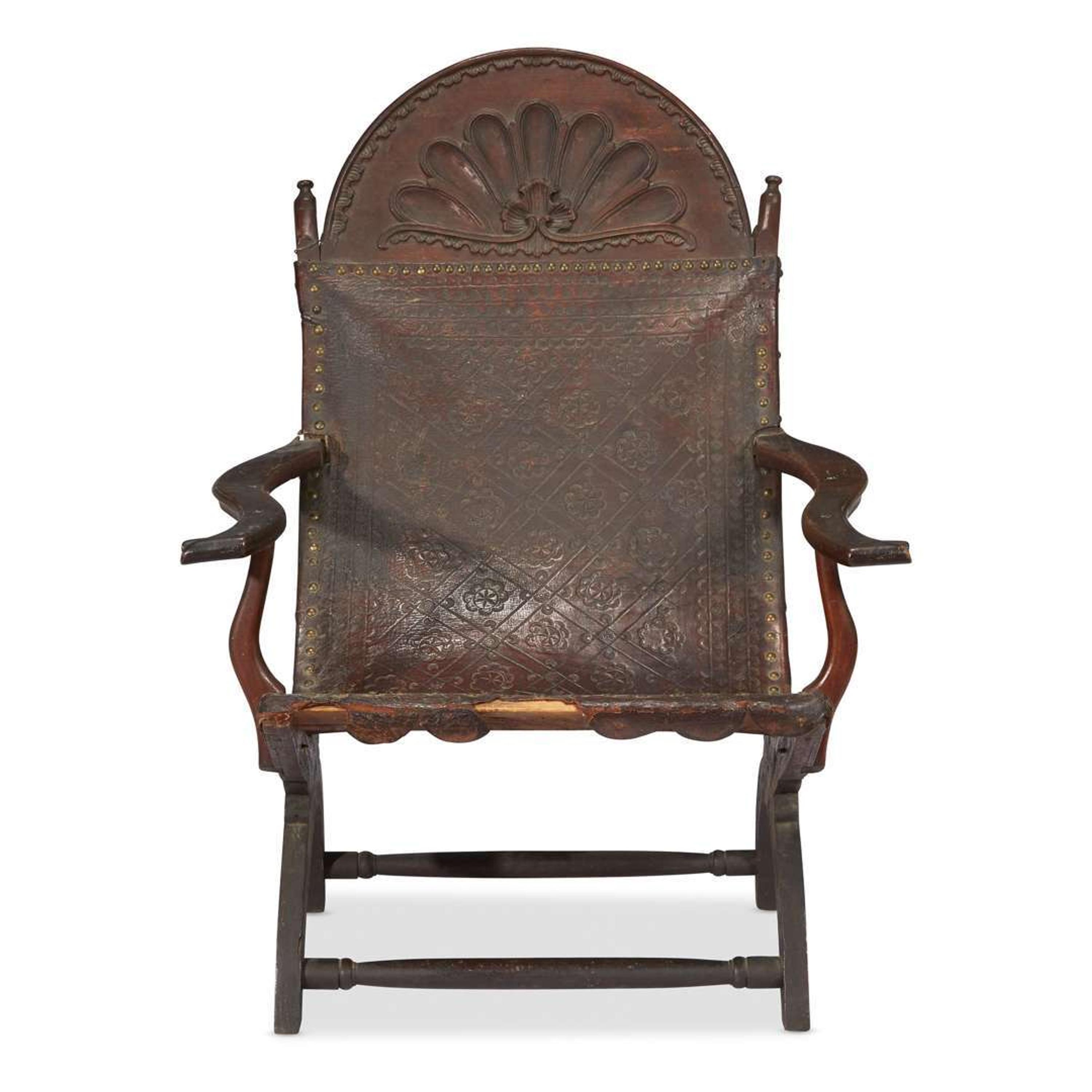 Carved mahogany and embossed leather campeche chair Mexico, first quarter 19th century