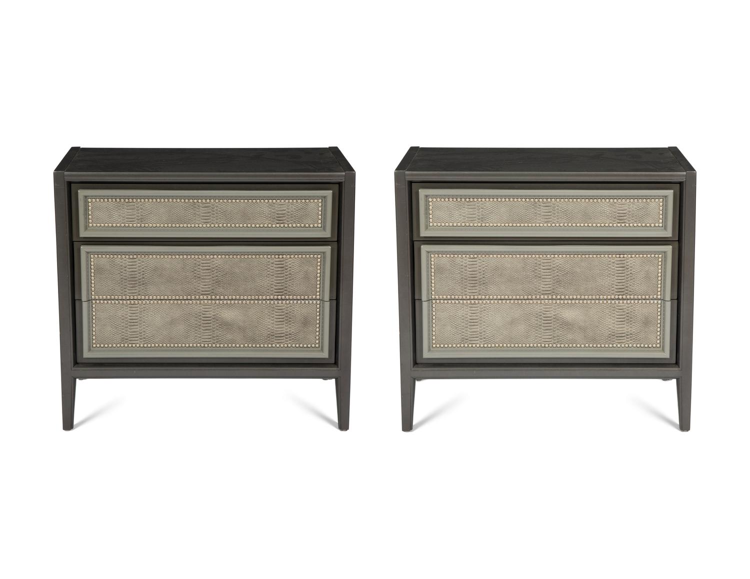 A Pair of Custom Painted Bedside Cabinets with Faux-Python Veneered Drawer Fronts