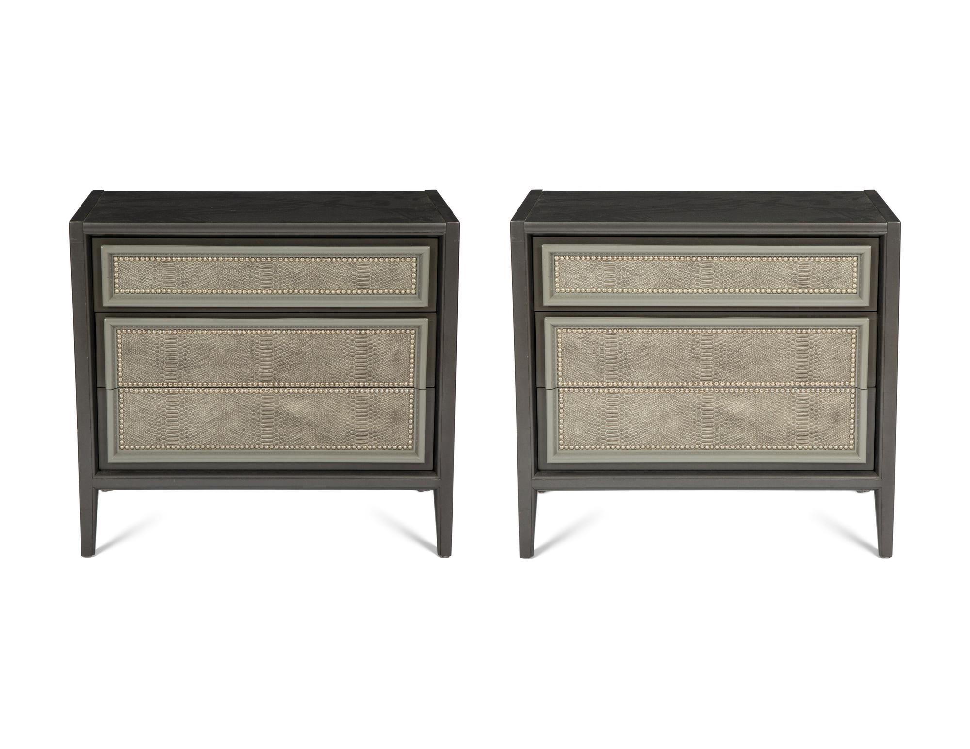 A Pair of Custom Painted Bedside Cabinets with Faux-Python Veneered Drawer Fronts
