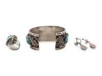 Navajo and Zuni Silver and Turquoise Cuff Bracelet, Ring, AND Earrings