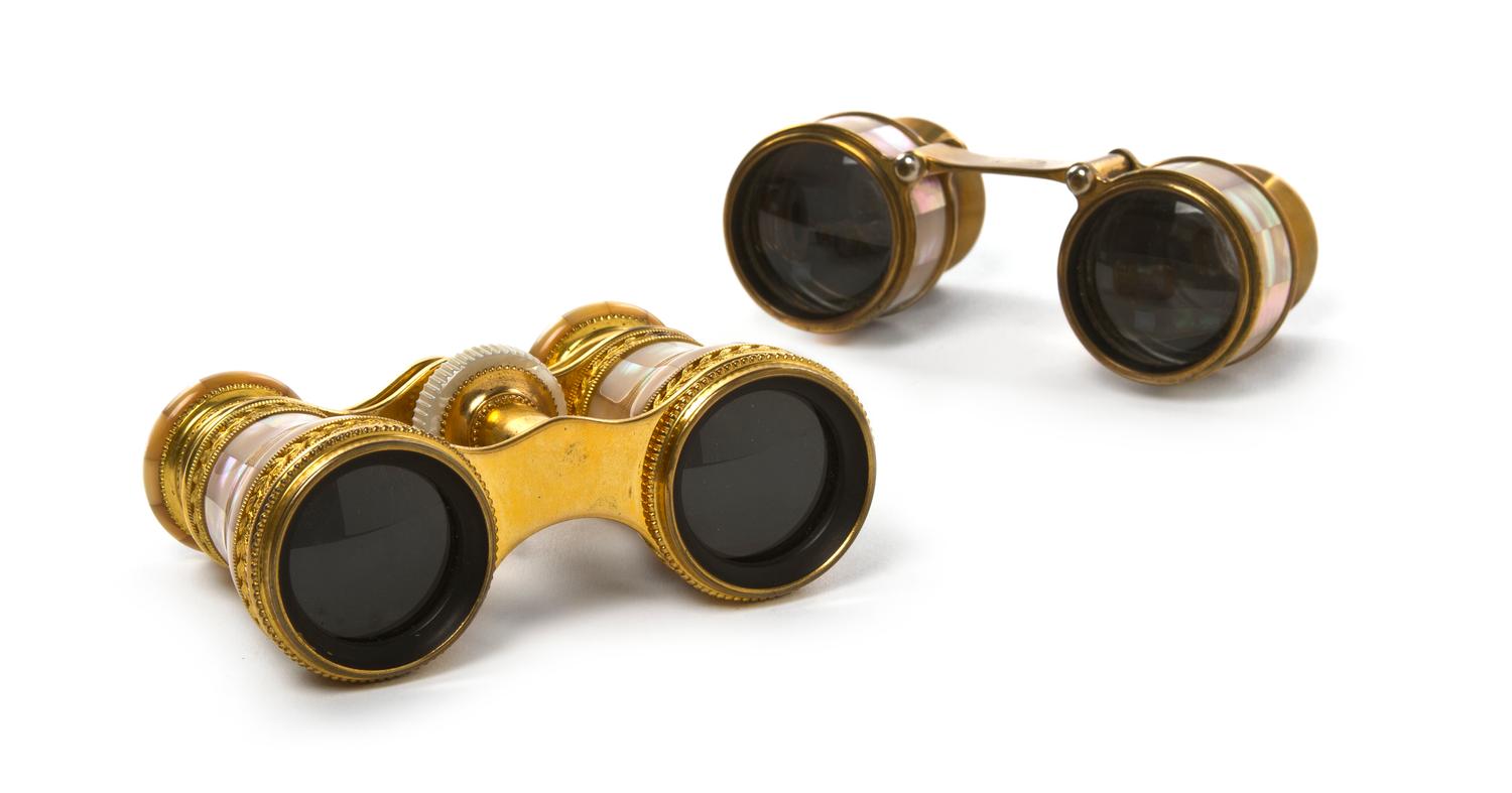 Two Pairs of French Mother-of-Pearl Veneered Opera Glasses, Width of first 3 7/8 inches.