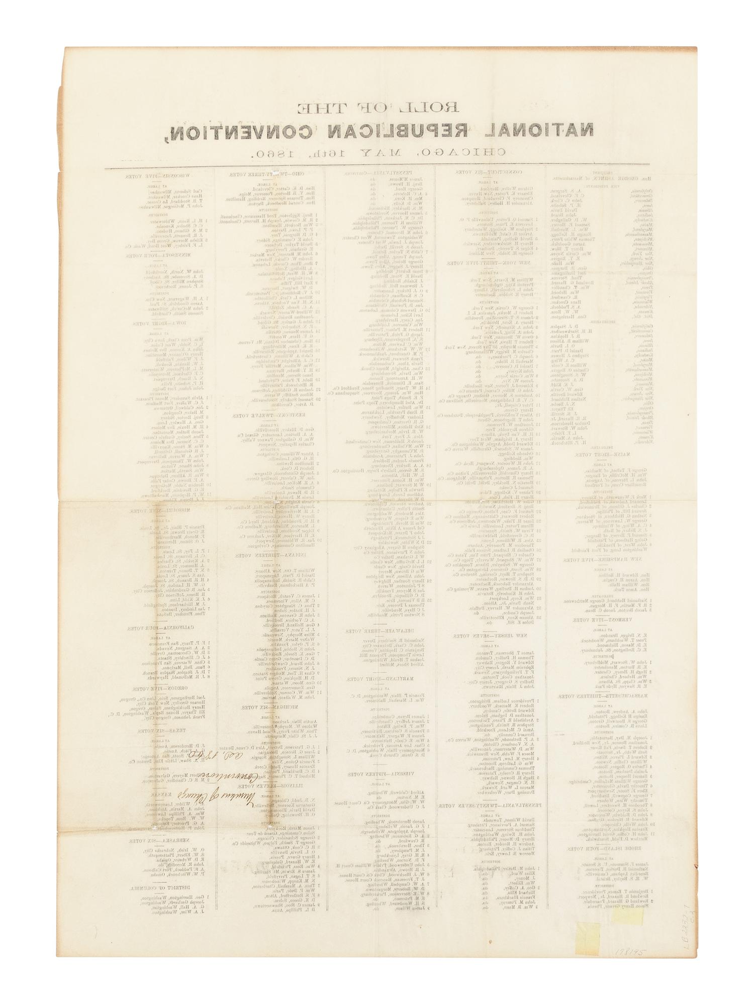[LINCOLN-HAMLIN CAMPAIGN]. Roll of the National Republican Convention , Chicago. May 16th, 1860 .