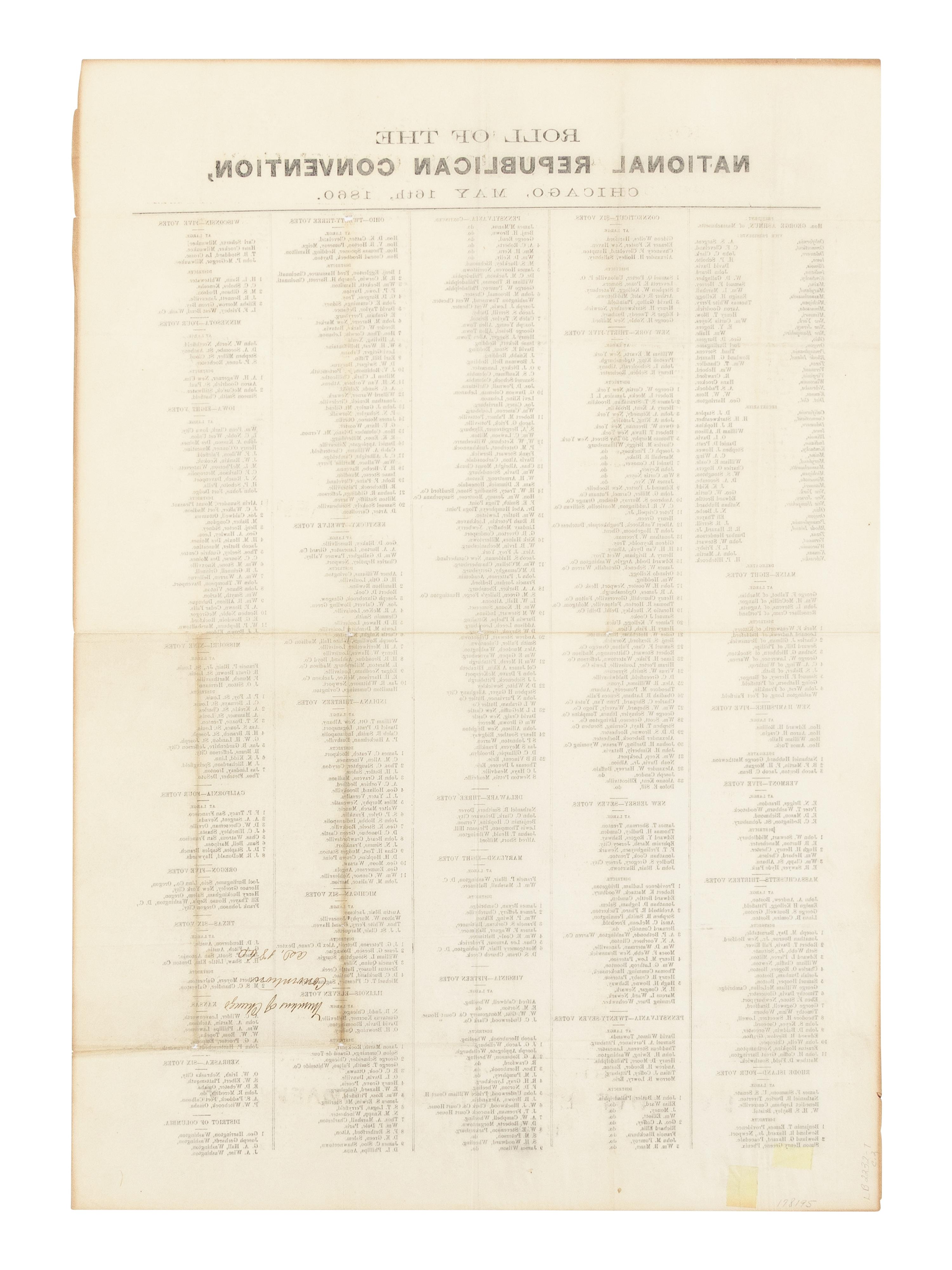 [LINCOLN-HAMLIN CAMPAIGN]. Roll of the National Republican Convention , Chicago. May 16th, 1860 .