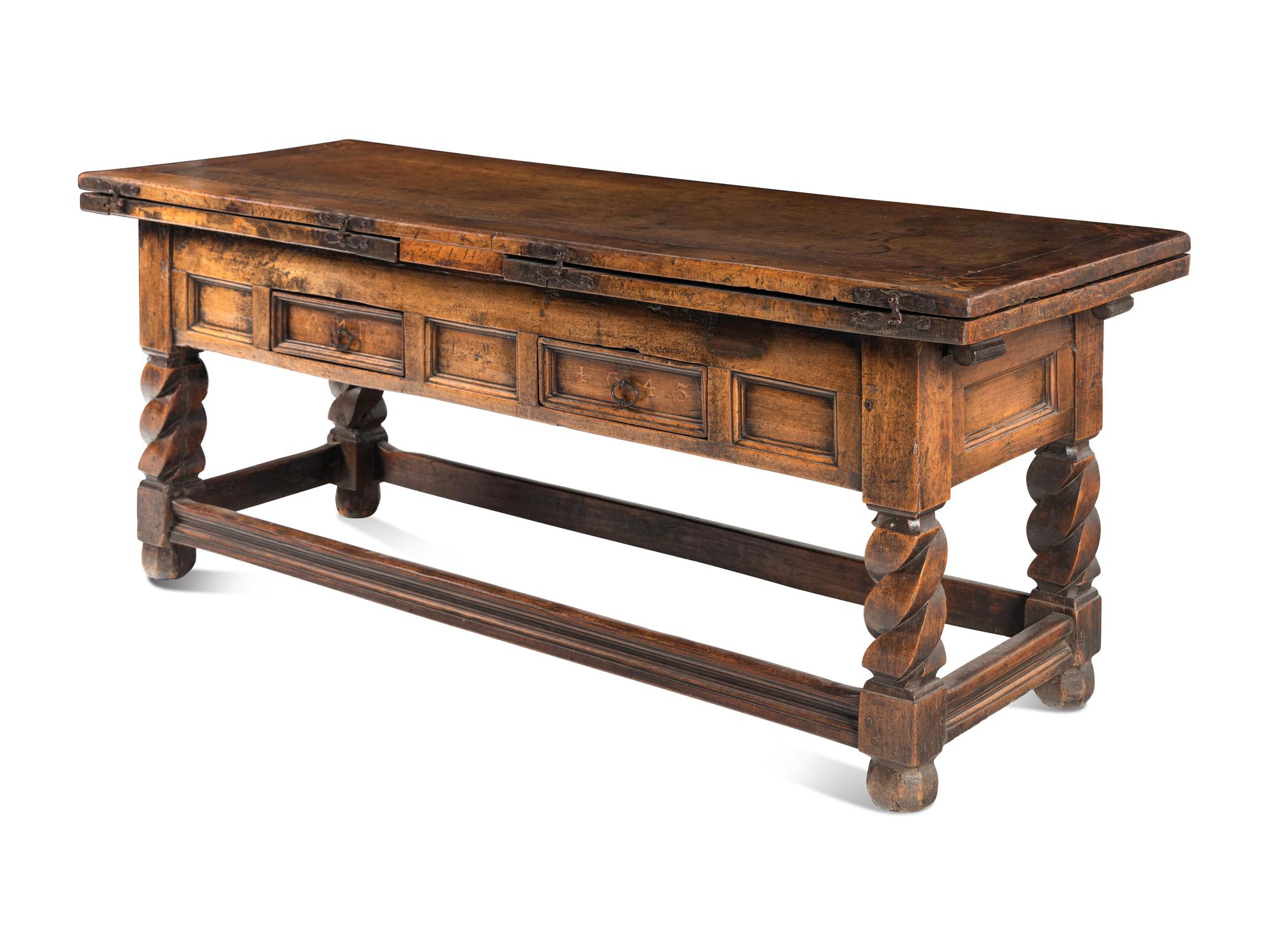 A Swiss Baroque Walnut and Hollywood Marquetry Draw-Leaf Table