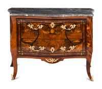 A Louis XV Style Gilt Bronze Mounted Marquetry Marble-Top Commode