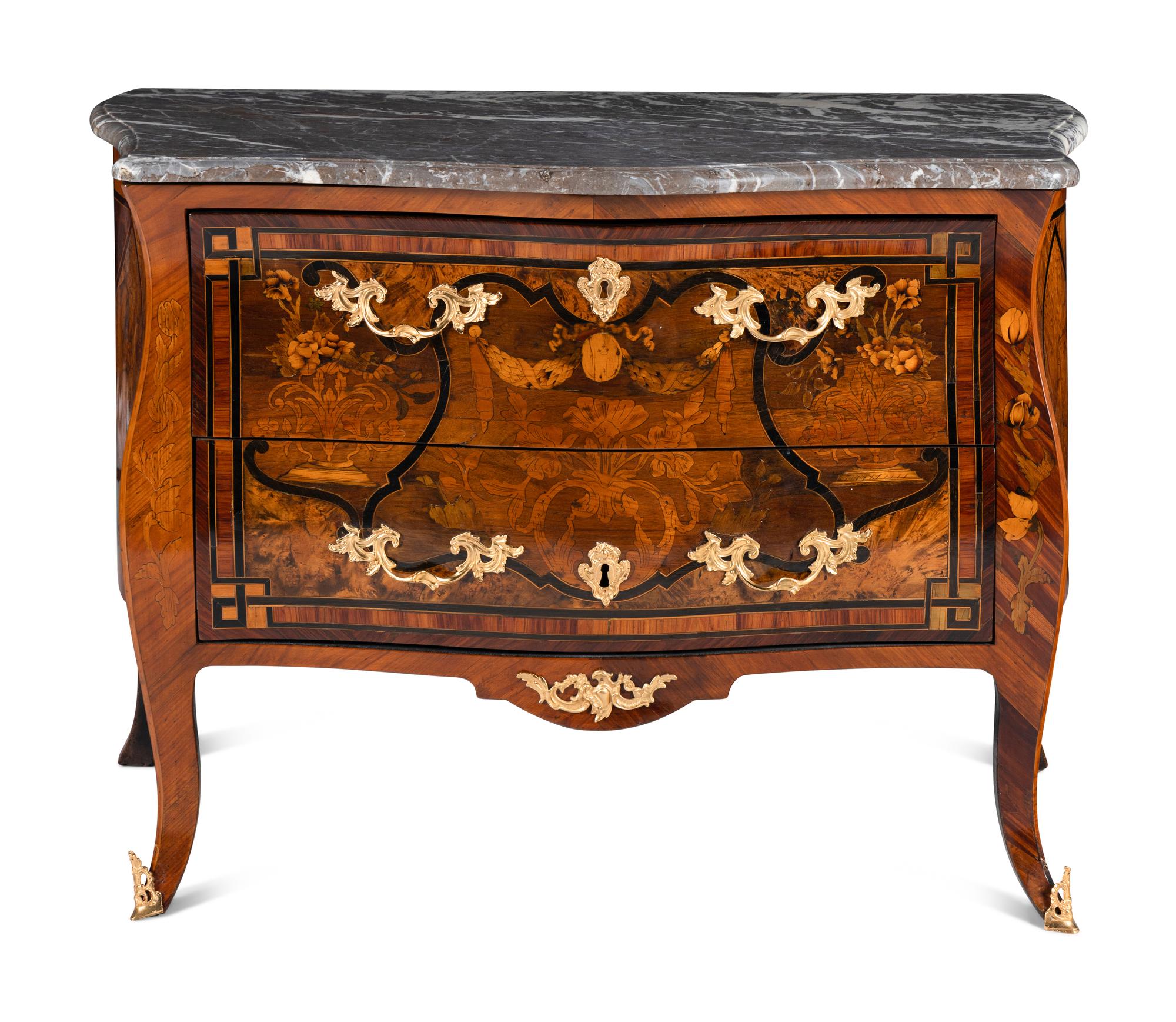 A Louis XV Style Gilt Bronze Mounted Marquetry Marble-Top Commode