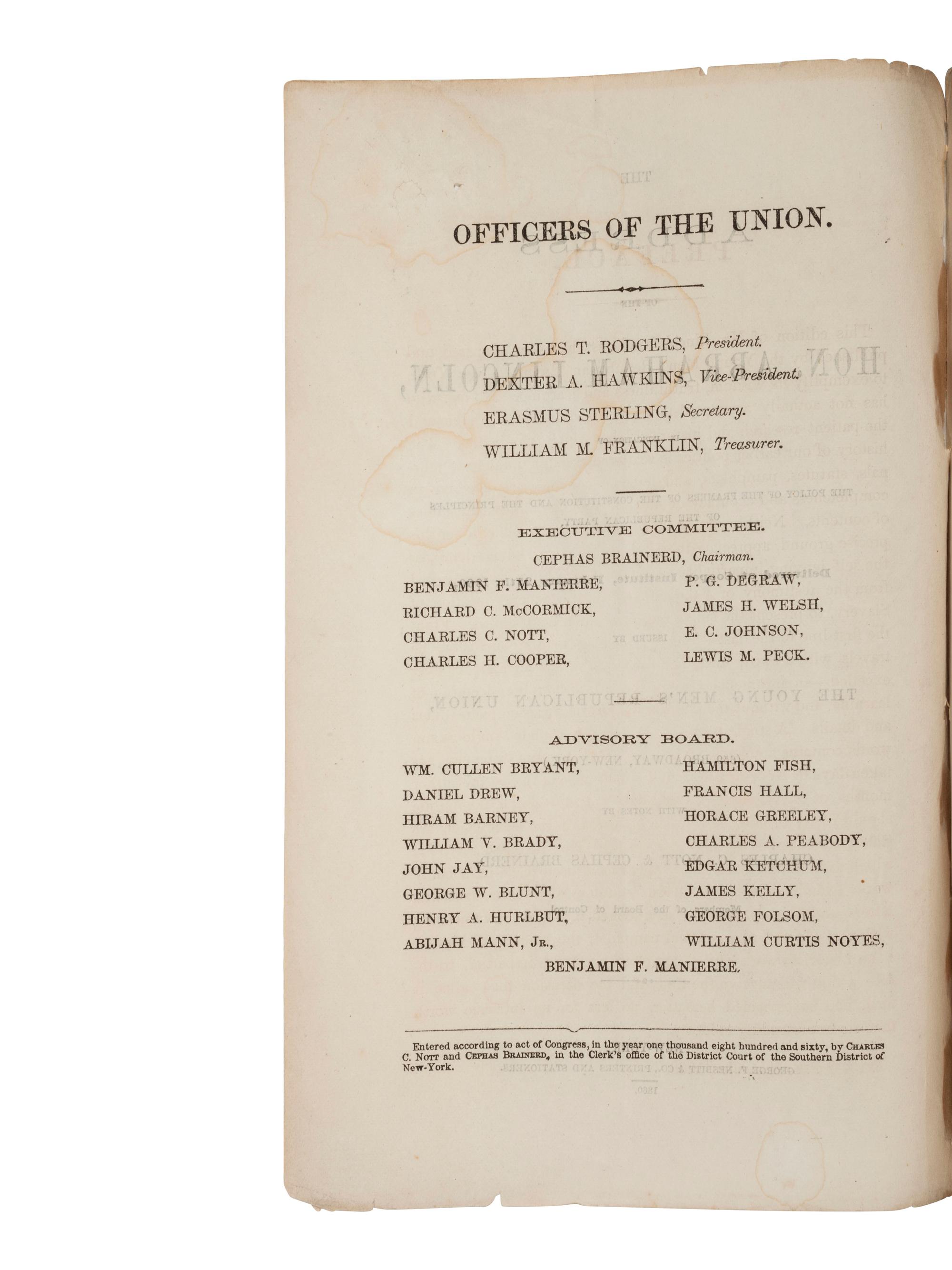 [LINCOLN, Abraham (1809-1865)"The Cooper Union Speech"]. New York: George F. Nesbitt & Co., 1860.