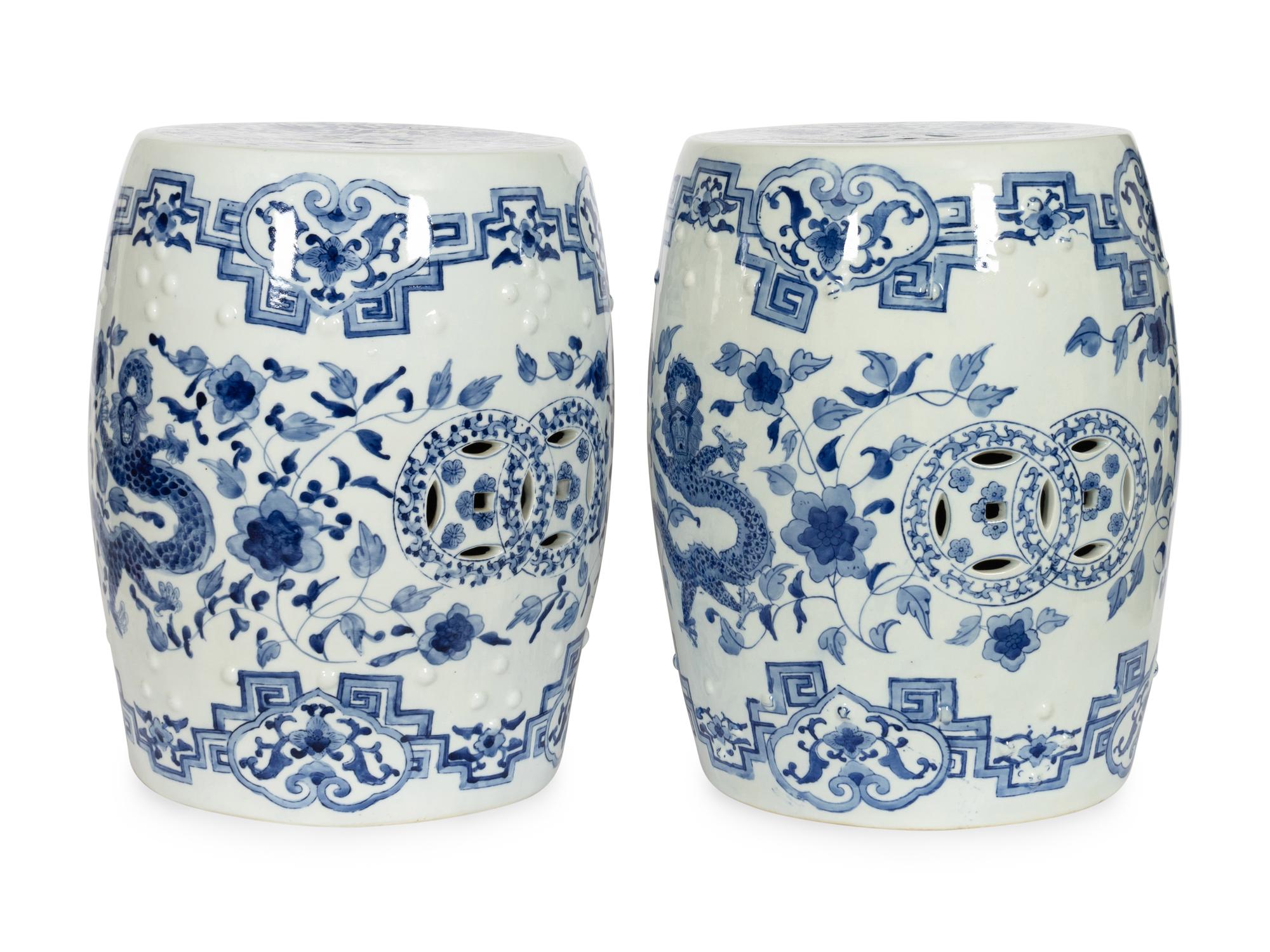 A Pair of Chinese Export Blue and White Porcelain Garden Seats