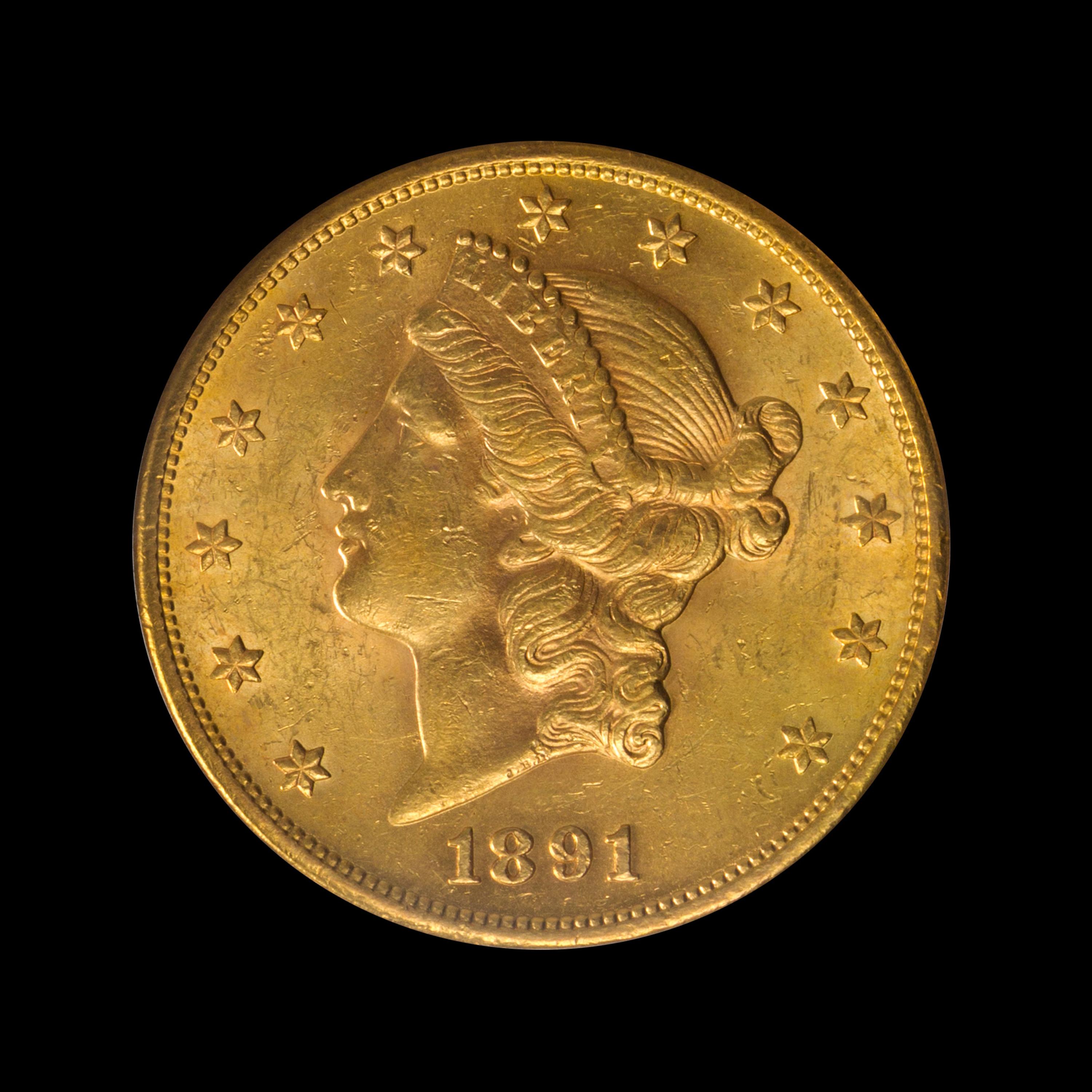 A United States 1891-S Liberty Head $20 Gold Coin