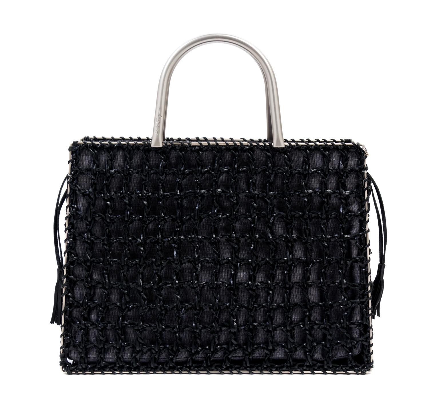 A Salvatore Ferragamo Black Leather Basket Weave Tote, 11" x 8" x 4.5"; Handle drop: 4".