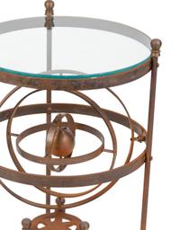 A Wrought Iron Glass-Top Side Table with a Gimbal Stretcher