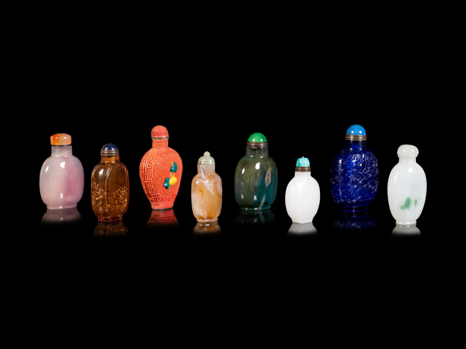 Eight Chinese Glass and Plastic Snuff Bottles