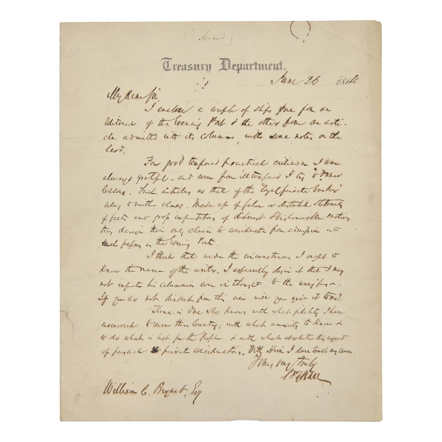 [Americana] Chase, Salmon P. Autograph Letter, signed