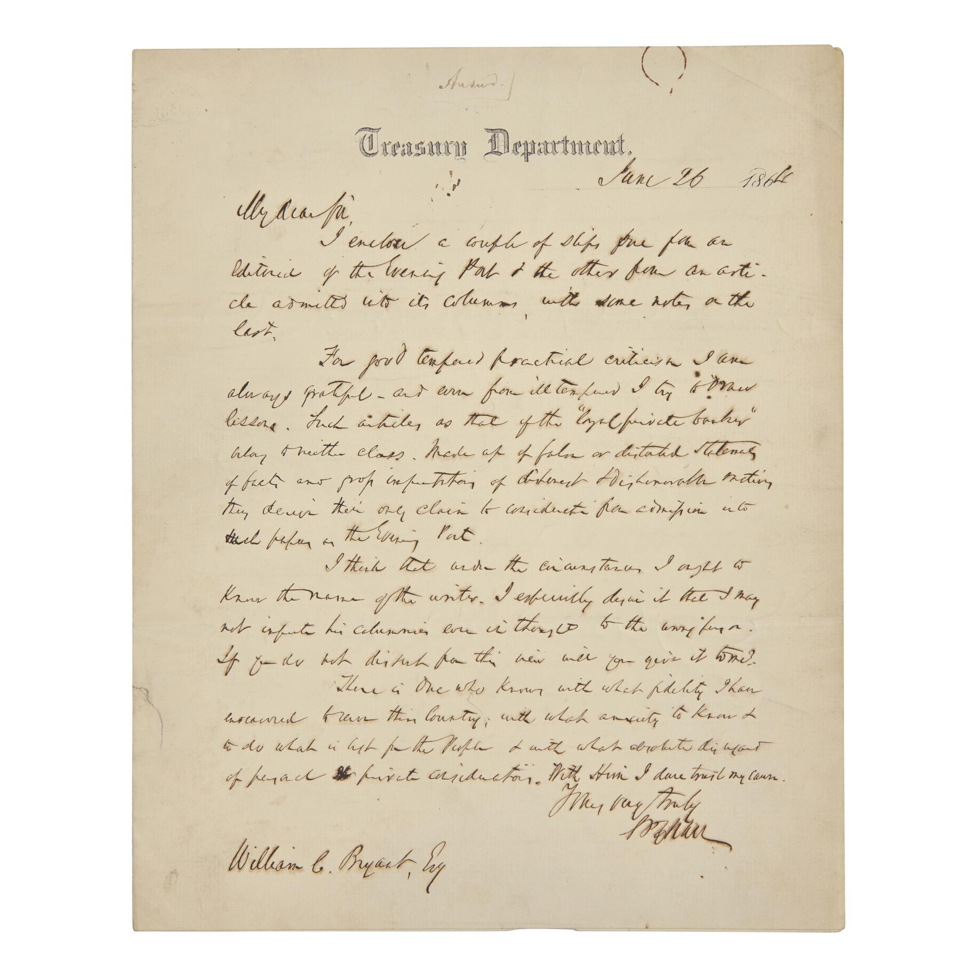 [Americana] Chase, Salmon P. Autograph Letter, signed