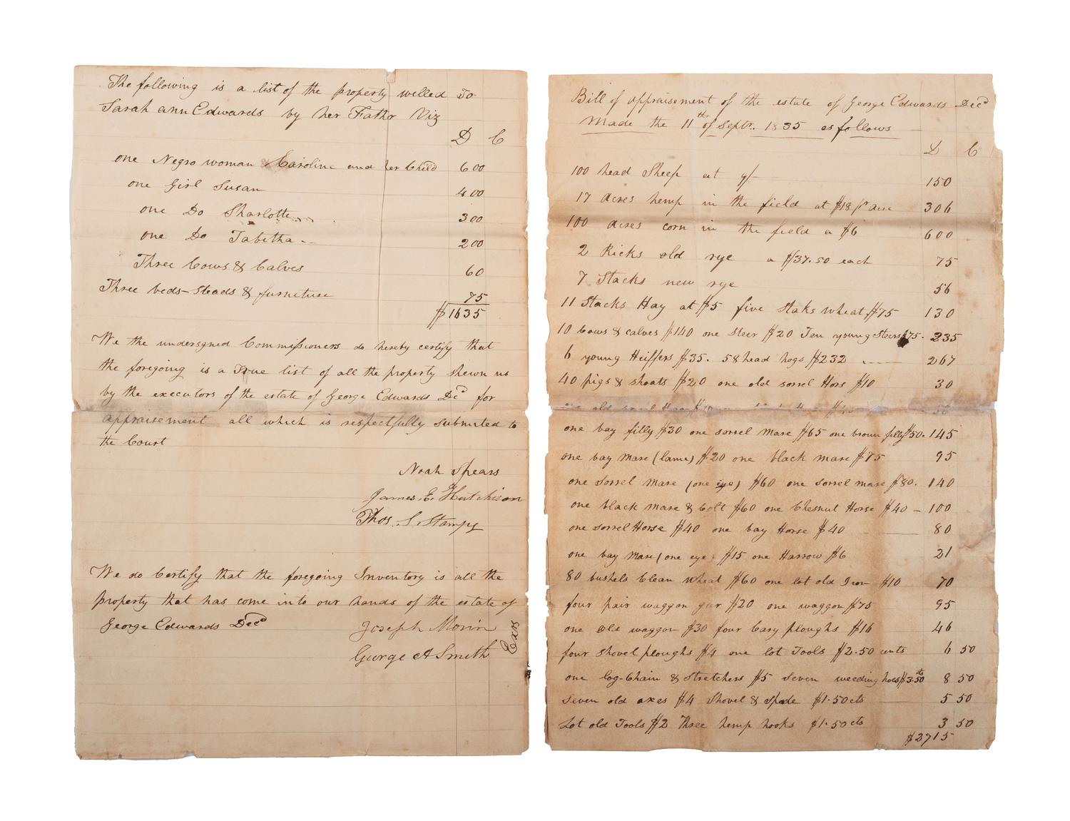 [SLAVERY & ABOLITION]. Appraisement for the estate of George Edwards listing 21 enslaved individuals. [Alabama?], 11 September 1835.