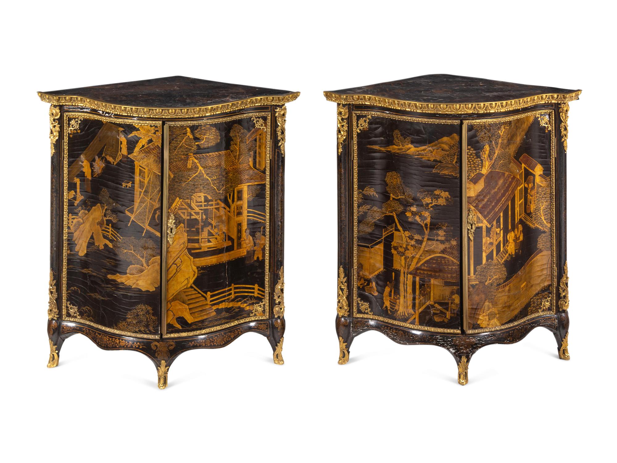 A Pair of George III Gilt Ormolu-Mounted Chinese Lacquer Corner Cabinets