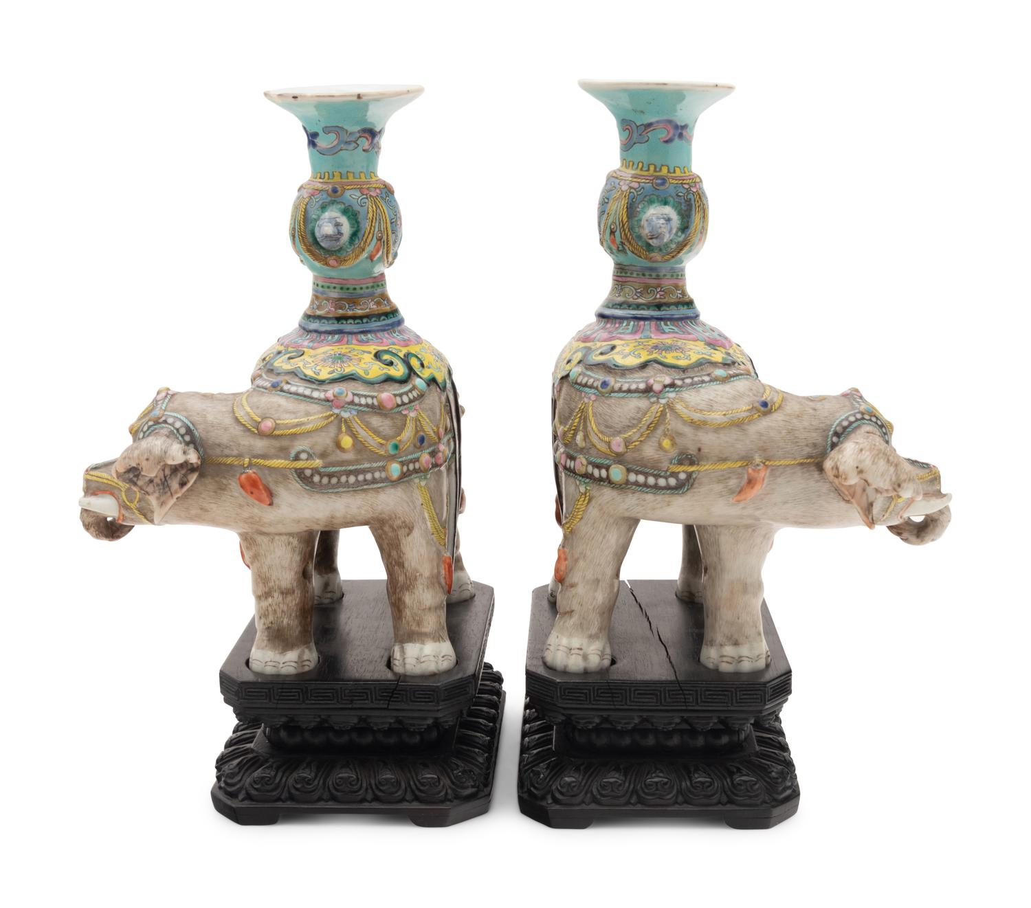 A Pair of Chinese Famille Rose Porcelain Elephant-Form Candlesticks