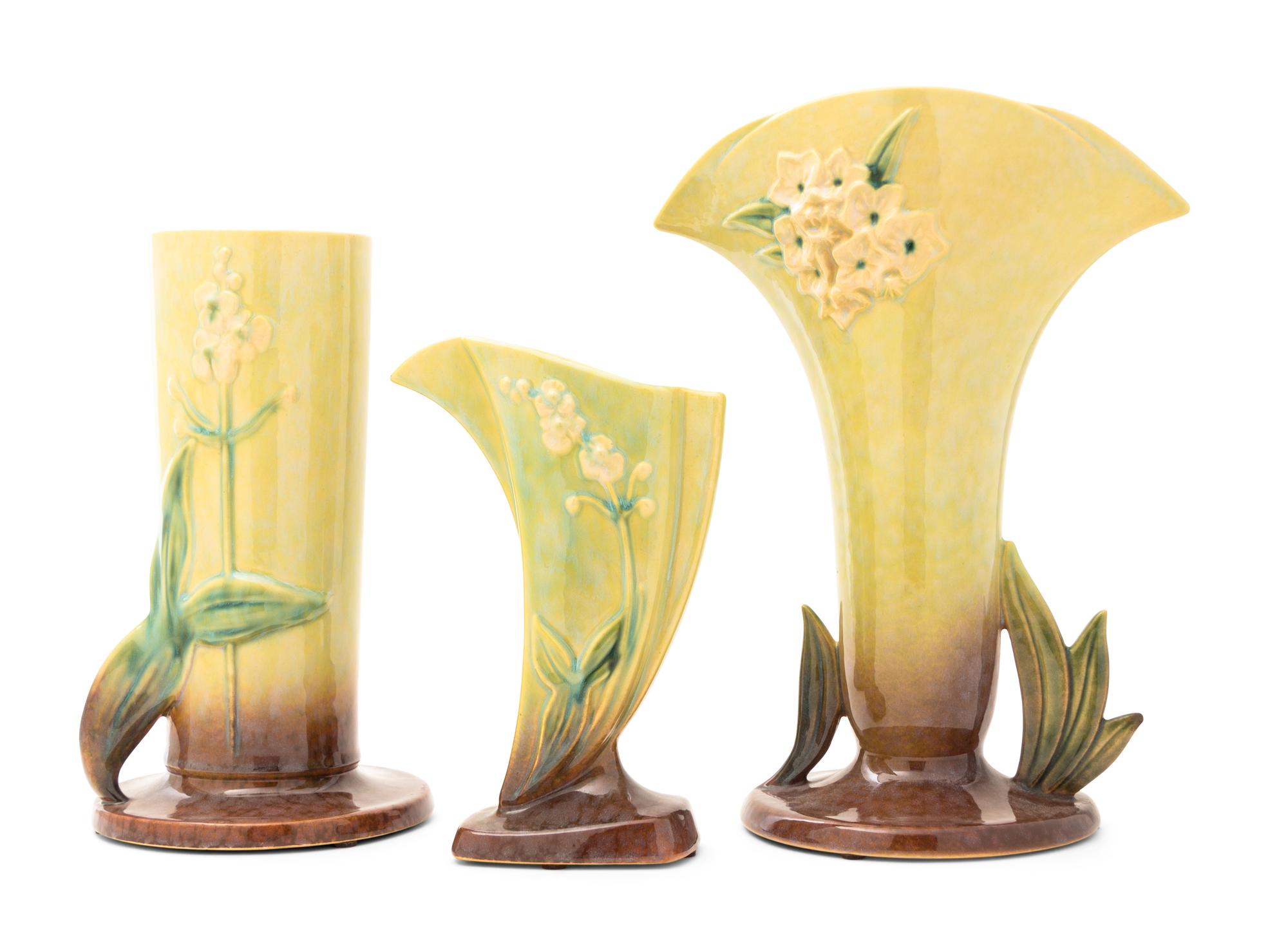 Three Roseville Wincraft Pottery Vases Height of tallest 12 1/4 inches.