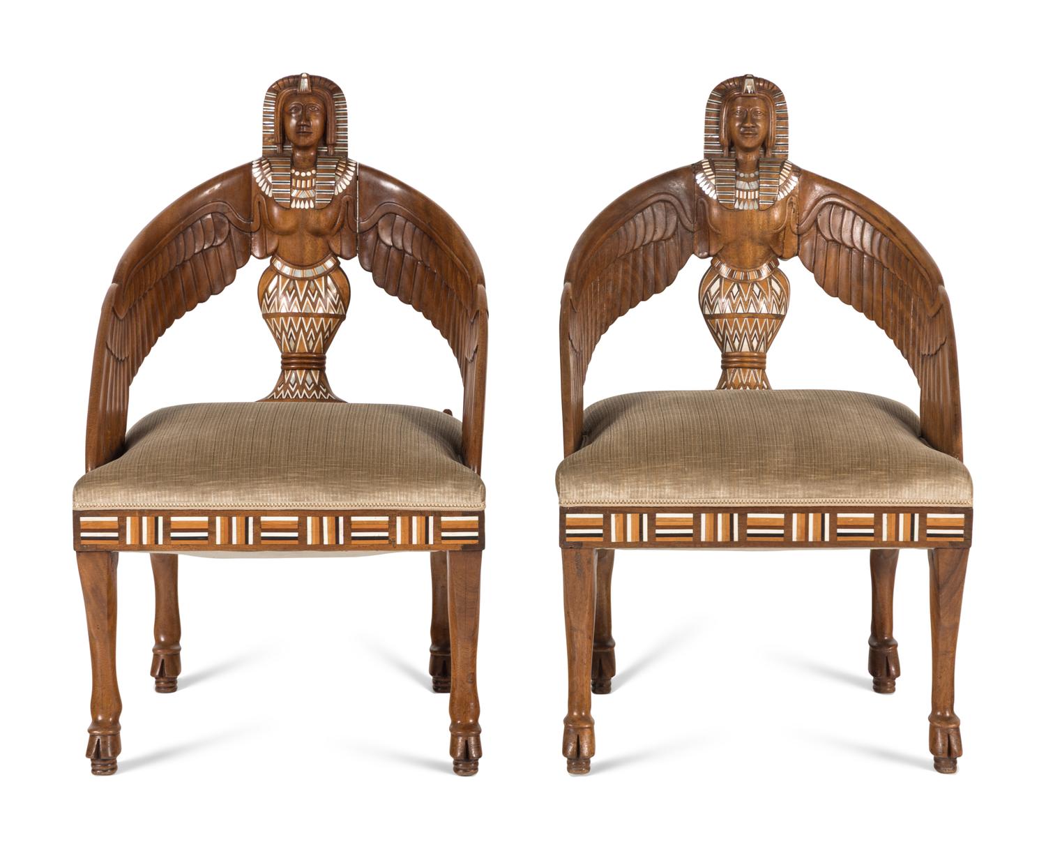 A Pair of Egyptian Revival Mother-of-Pearl Inlaid Figural Armchairs