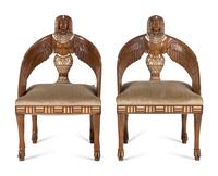 A Pair of Egyptian Revival Mother-of-Pearl Inlaid Figural Armchairs