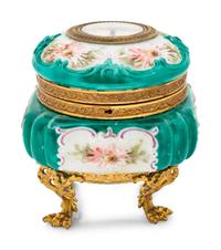 A Wavecrest Glass and Gilt Metal Footed Jewel Box with Clock