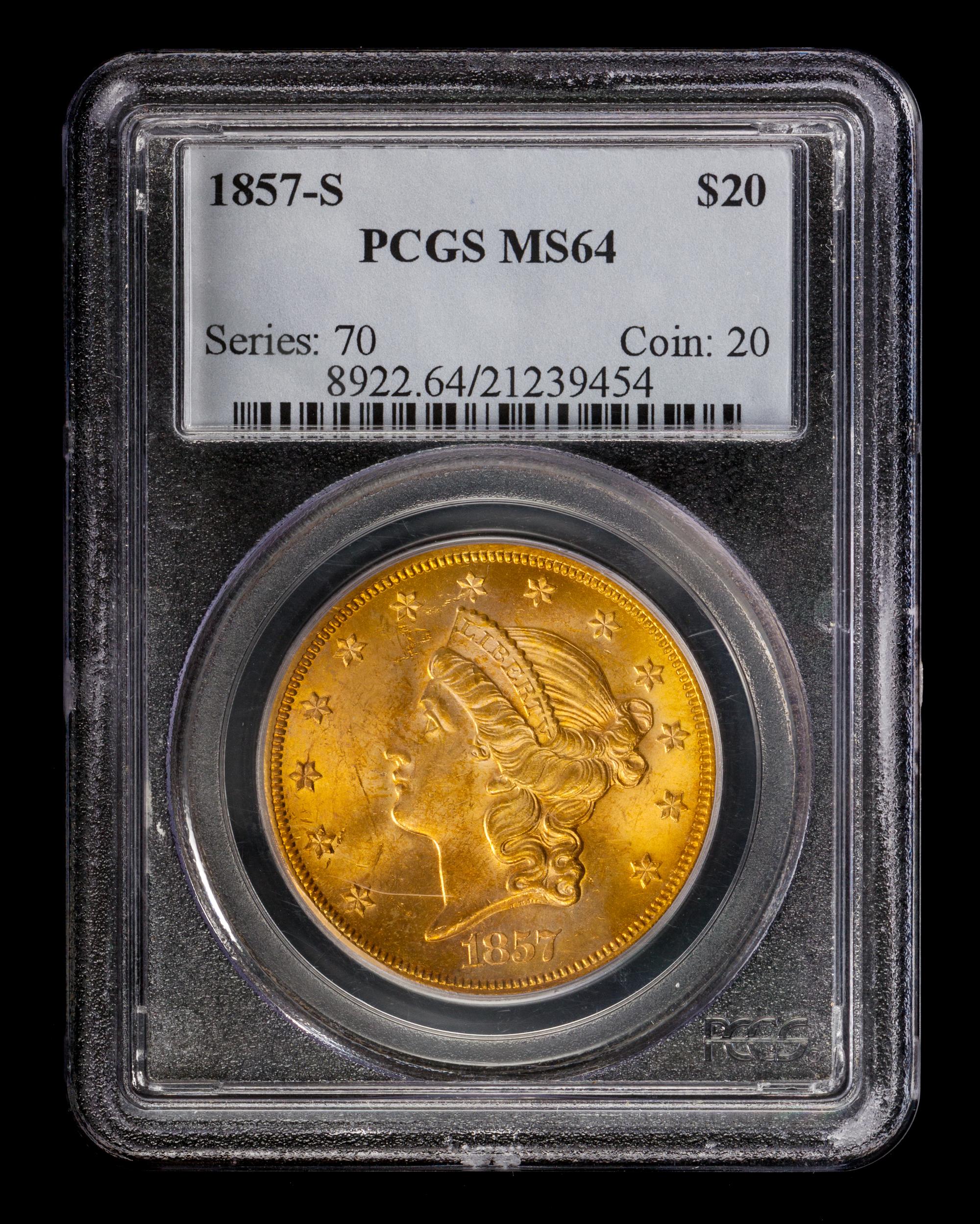 A United States 1857-S Liberty Head $20 Gold Coin