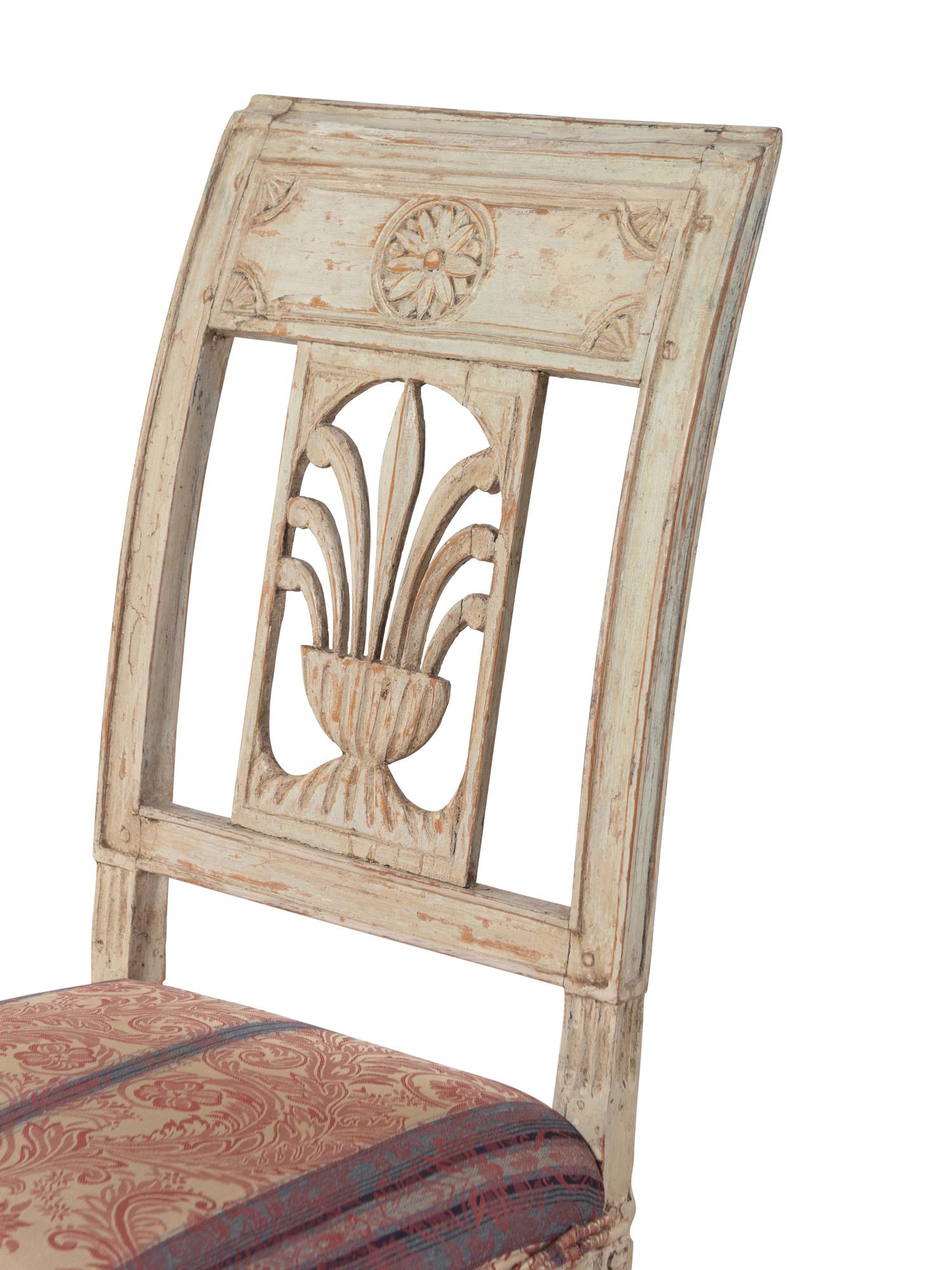 A Set of Six Italian Neoclassical Carved and Painted Side Chairs