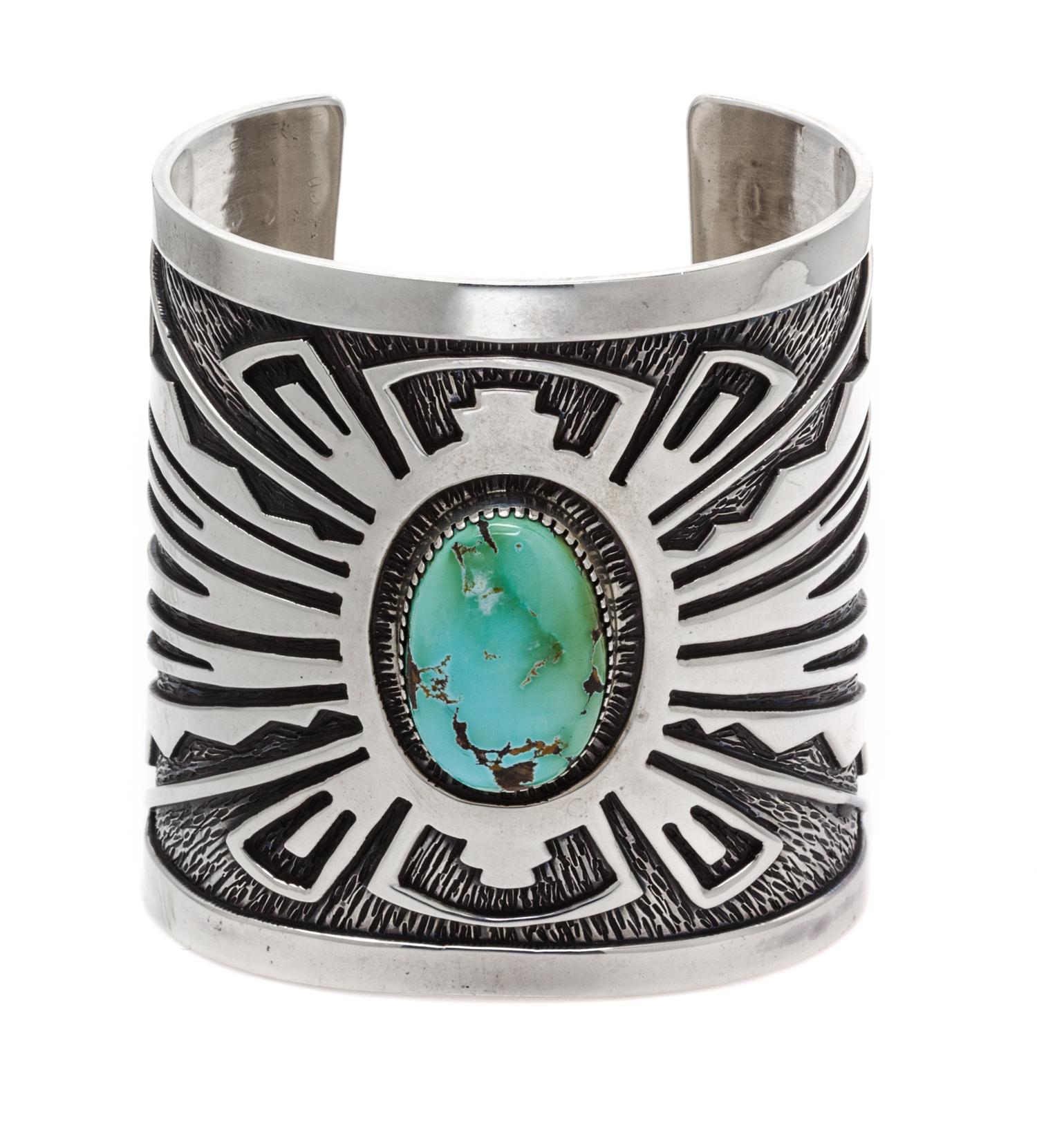 A Sterling Silver and Turquoise Overlay Cuff Bracelet, Native American, 76.70 dwts.