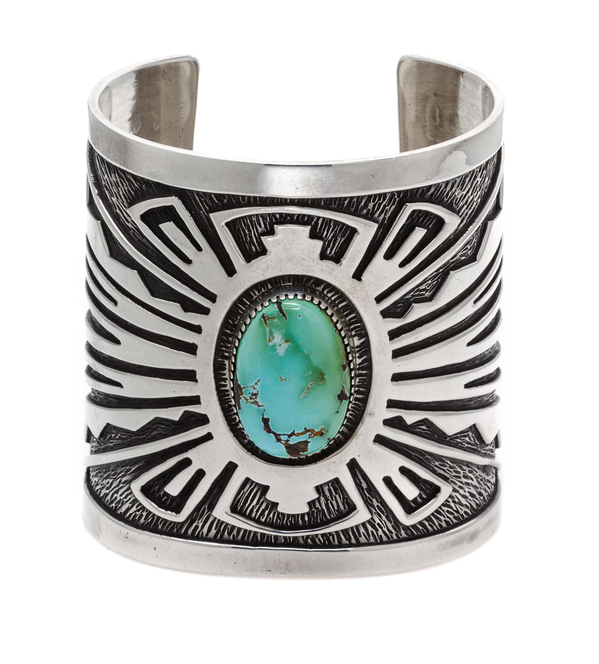 A Sterling Silver and Turquoise Overlay Cuff Bracelet, Native American, 76.70 dwts.