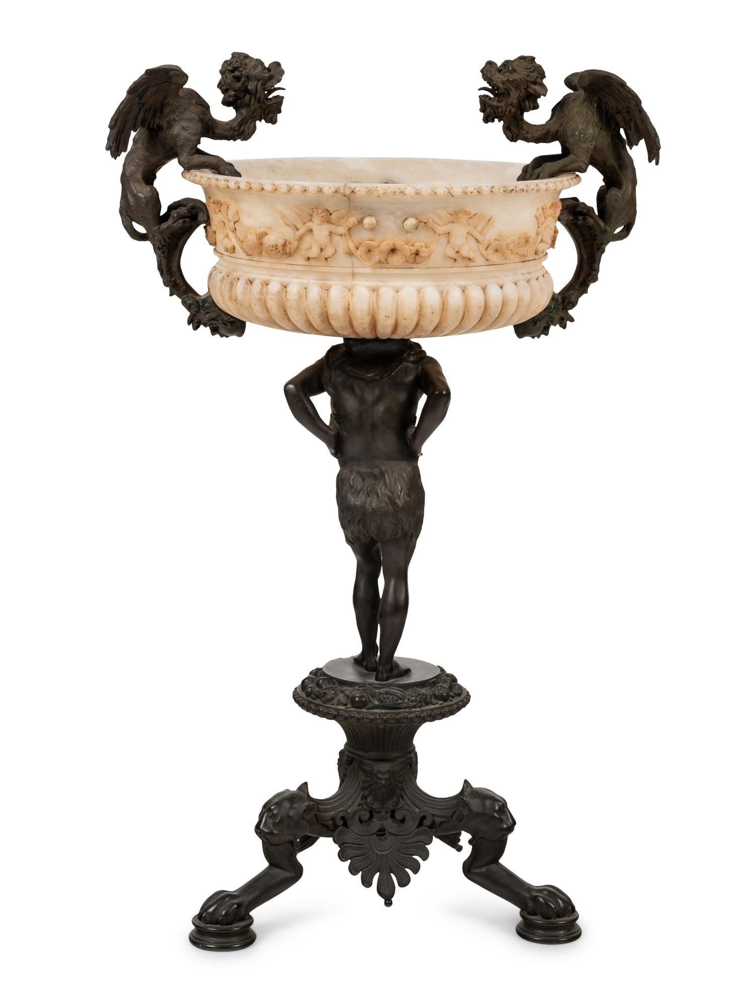 A Neoclassical Bronze and Carved Alabaster Jardinière on Stand