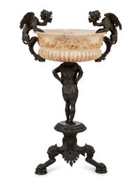 A Neoclassical Bronze and Carved Alabaster Jardinière on Stand
