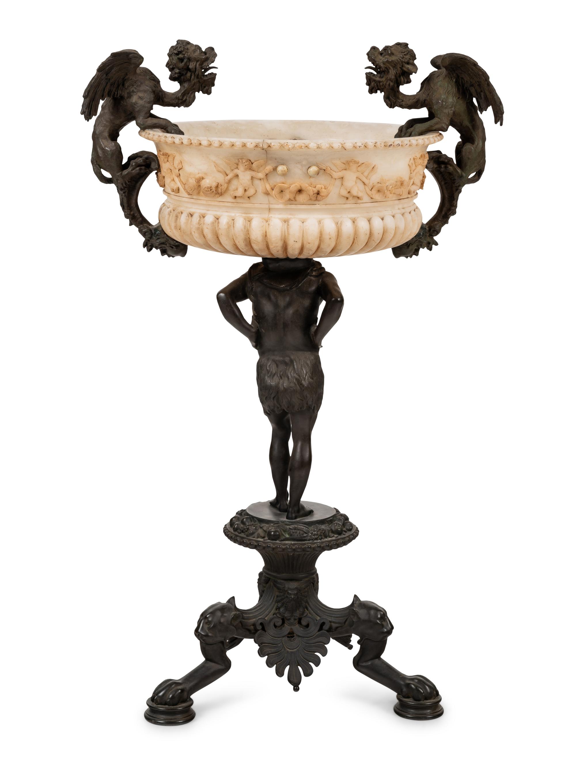 A Neoclassical Bronze and Carved Alabaster Jardinière on Stand
