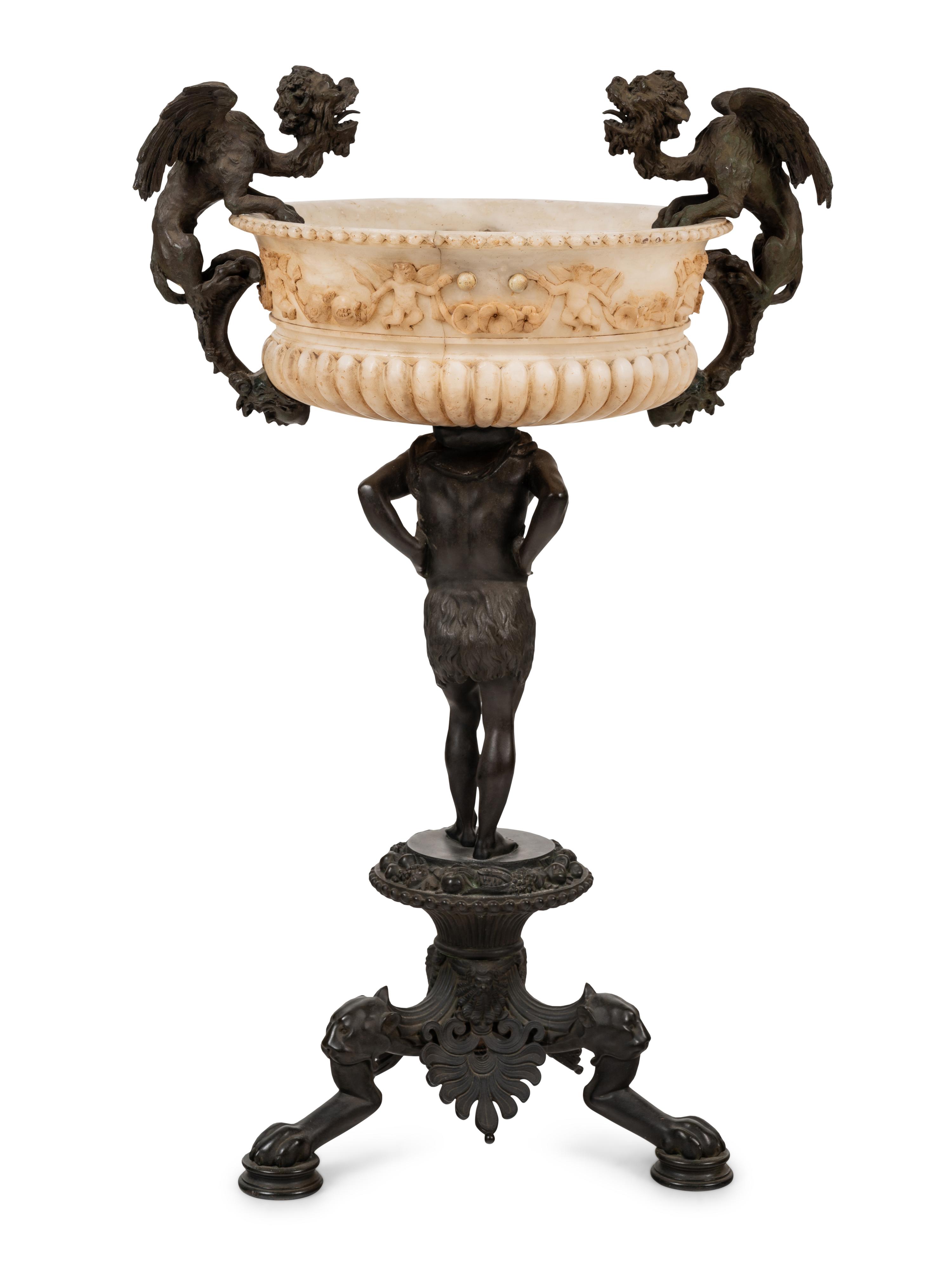 A Neoclassical Bronze and Carved Alabaster Jardinière on Stand