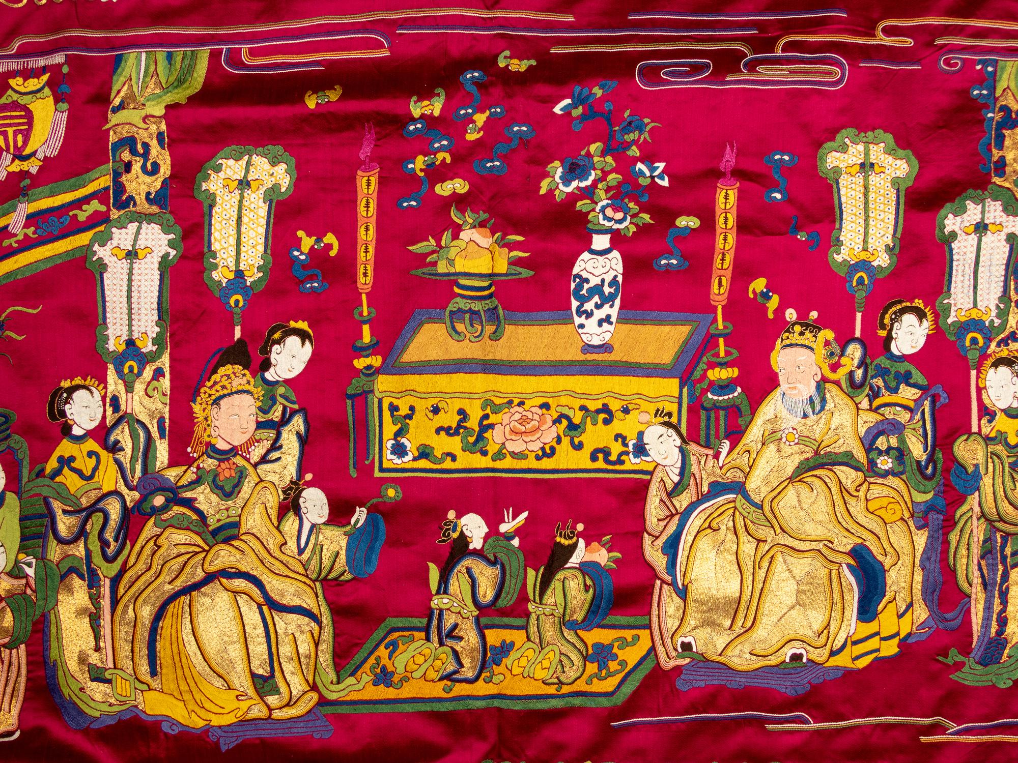 An Impressively Large Chinese Burgundy Ground Embroidered Silk 'Birthday' Wall Panel, Dated 1868 清同治七年（1868） 絳紅緞綉賀壽圖大挂屏