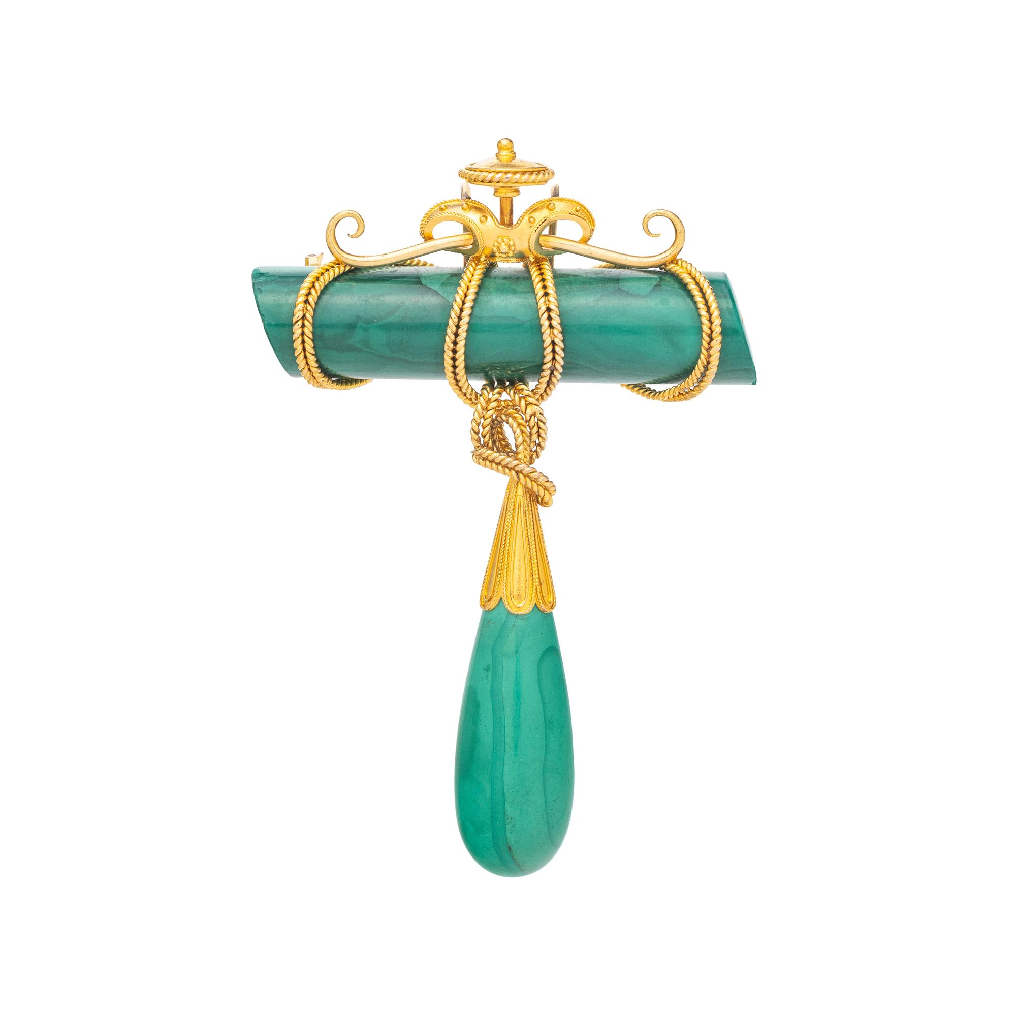YELLOW GOLD AND MALACHITE PENDANT/BROOCH