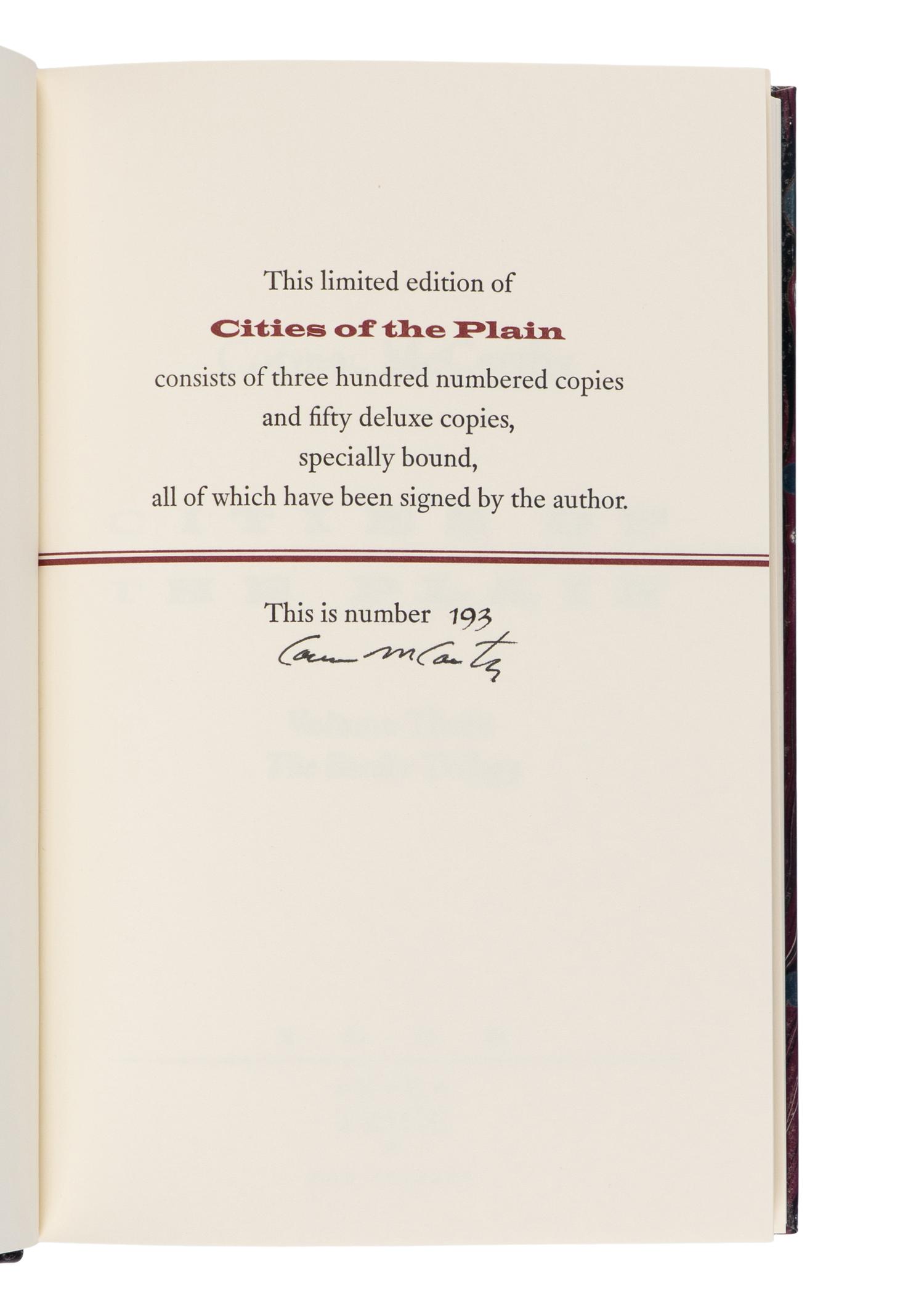 MCCARTHY, Cormac (1933-2023). Cities of the Plain . New Orleans: B.E. Trice Publishing, 1998.