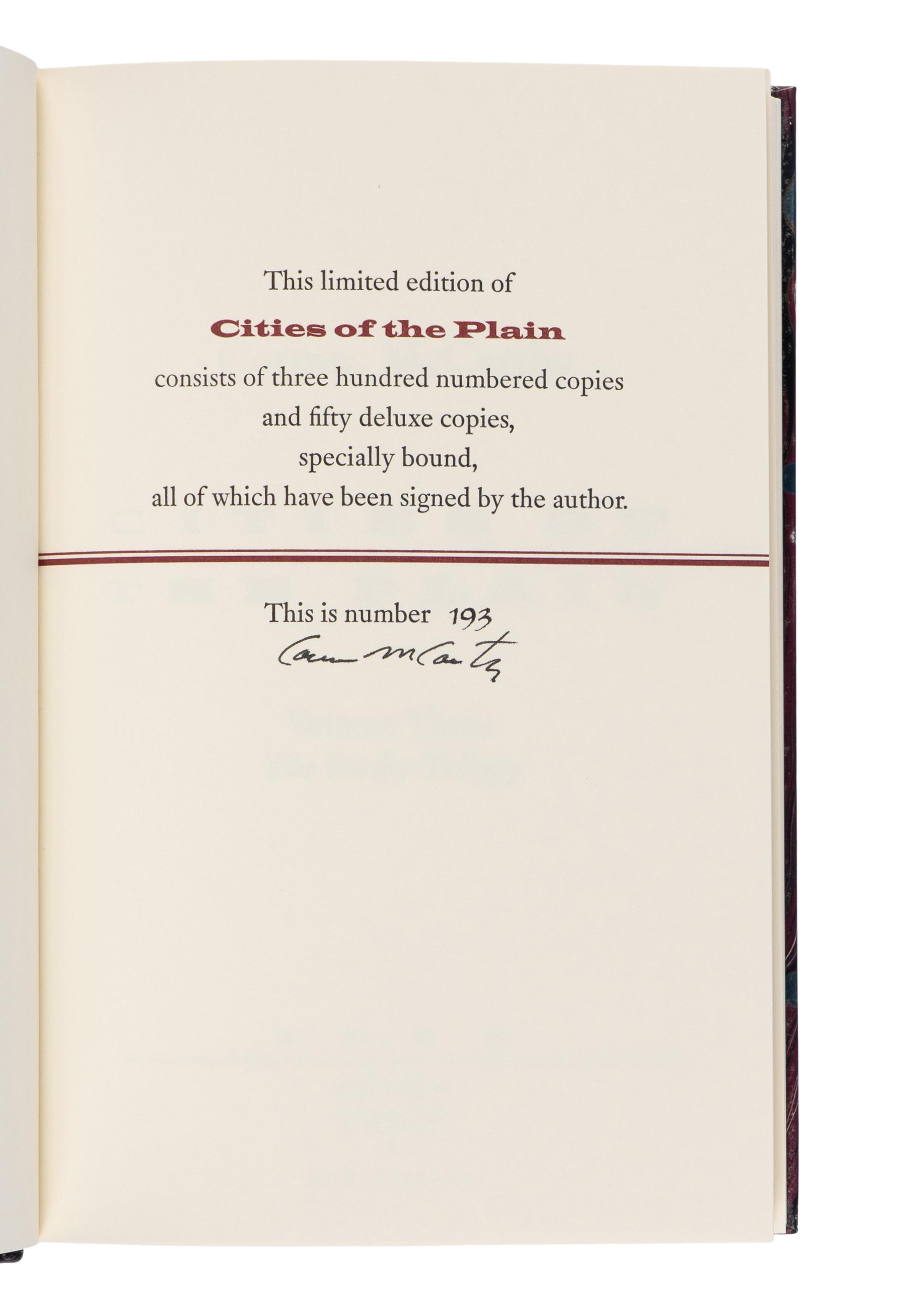 MCCARTHY, Cormac (1933-2023). Cities of the Plain . New Orleans: B.E. Trice Publishing, 1998.
