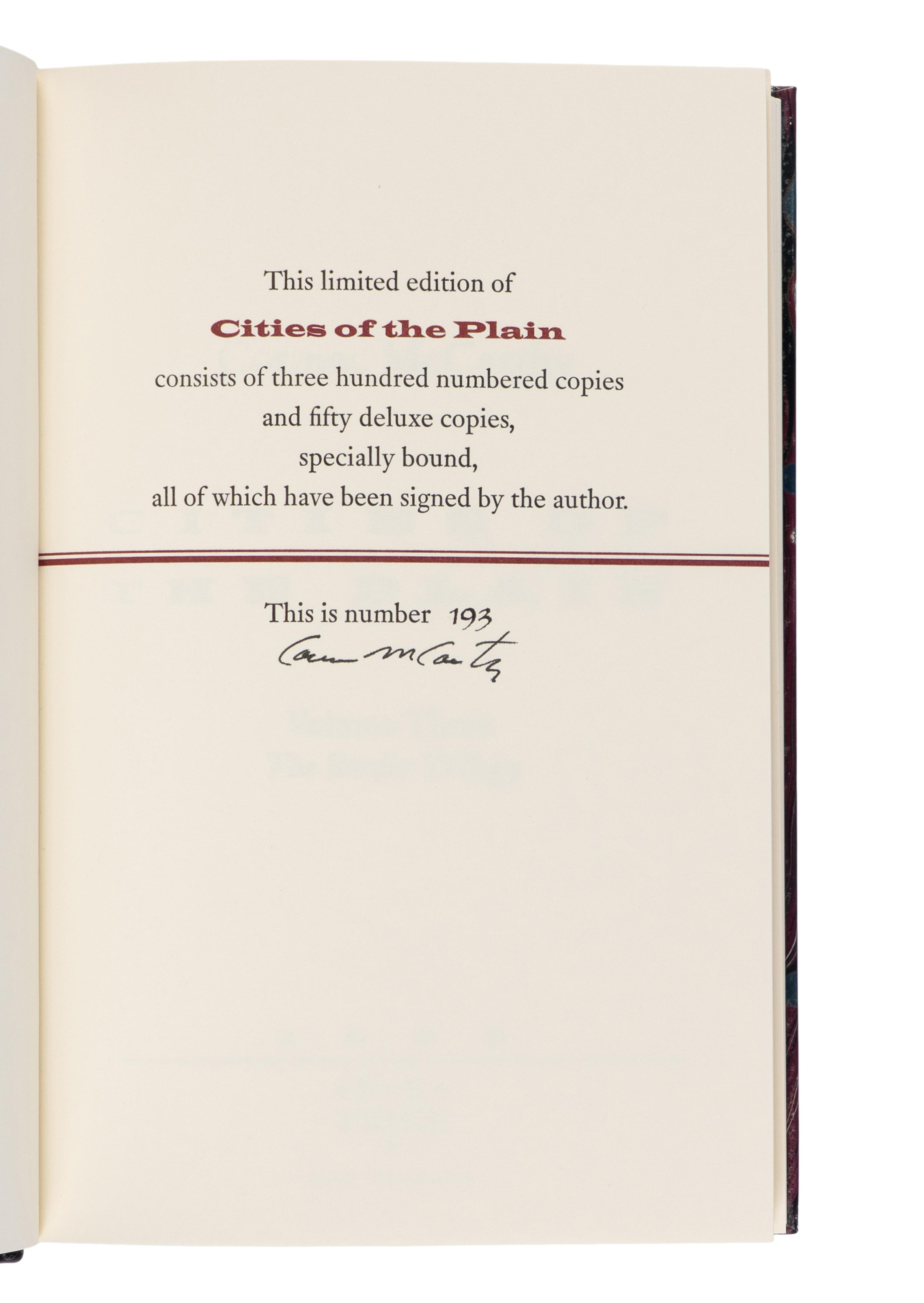 MCCARTHY, Cormac (1933-2023). Cities of the Plain . New Orleans: B.E. Trice Publishing, 1998.