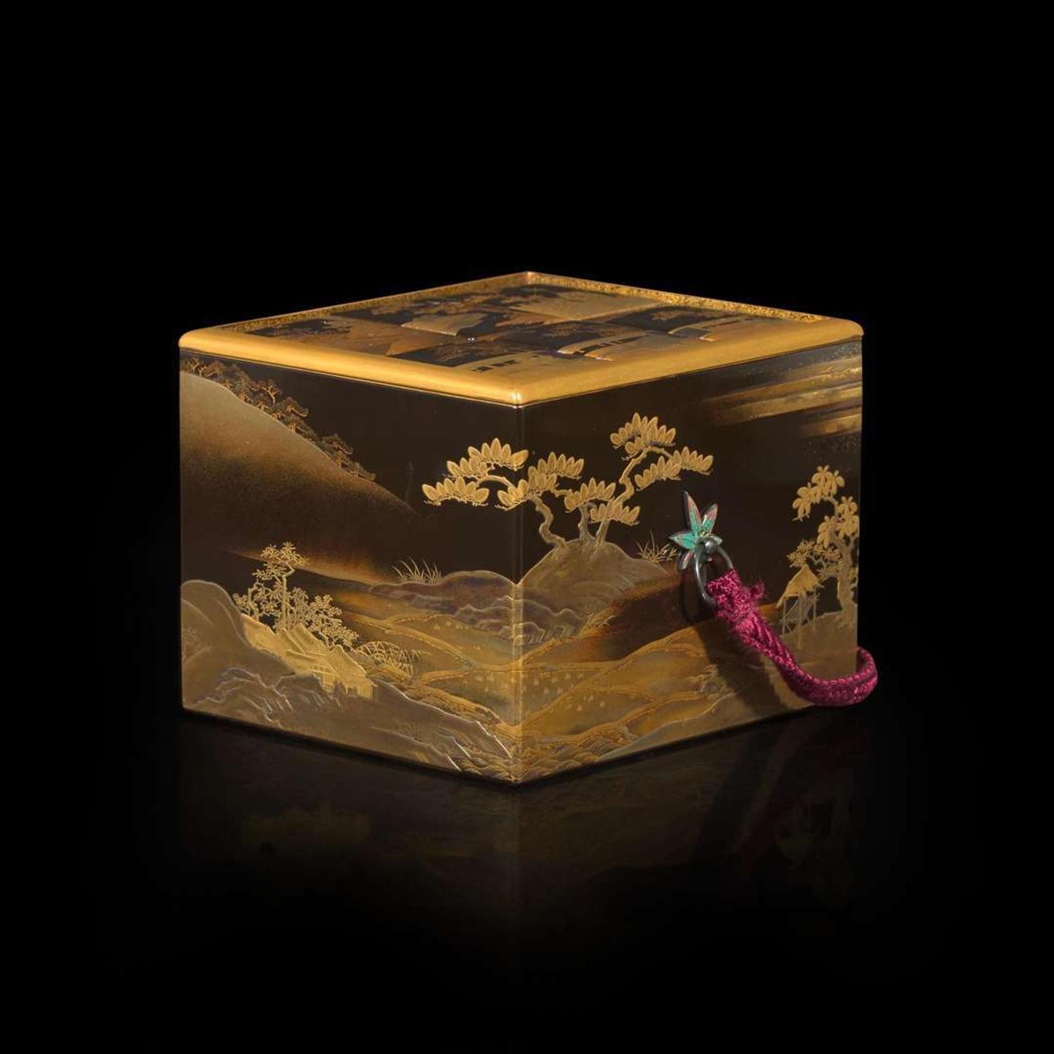 A Japanese lacquer fitted incense game box decorated with rider and attendant on a shore 日本时绘漆盒一件 Meiji period ??