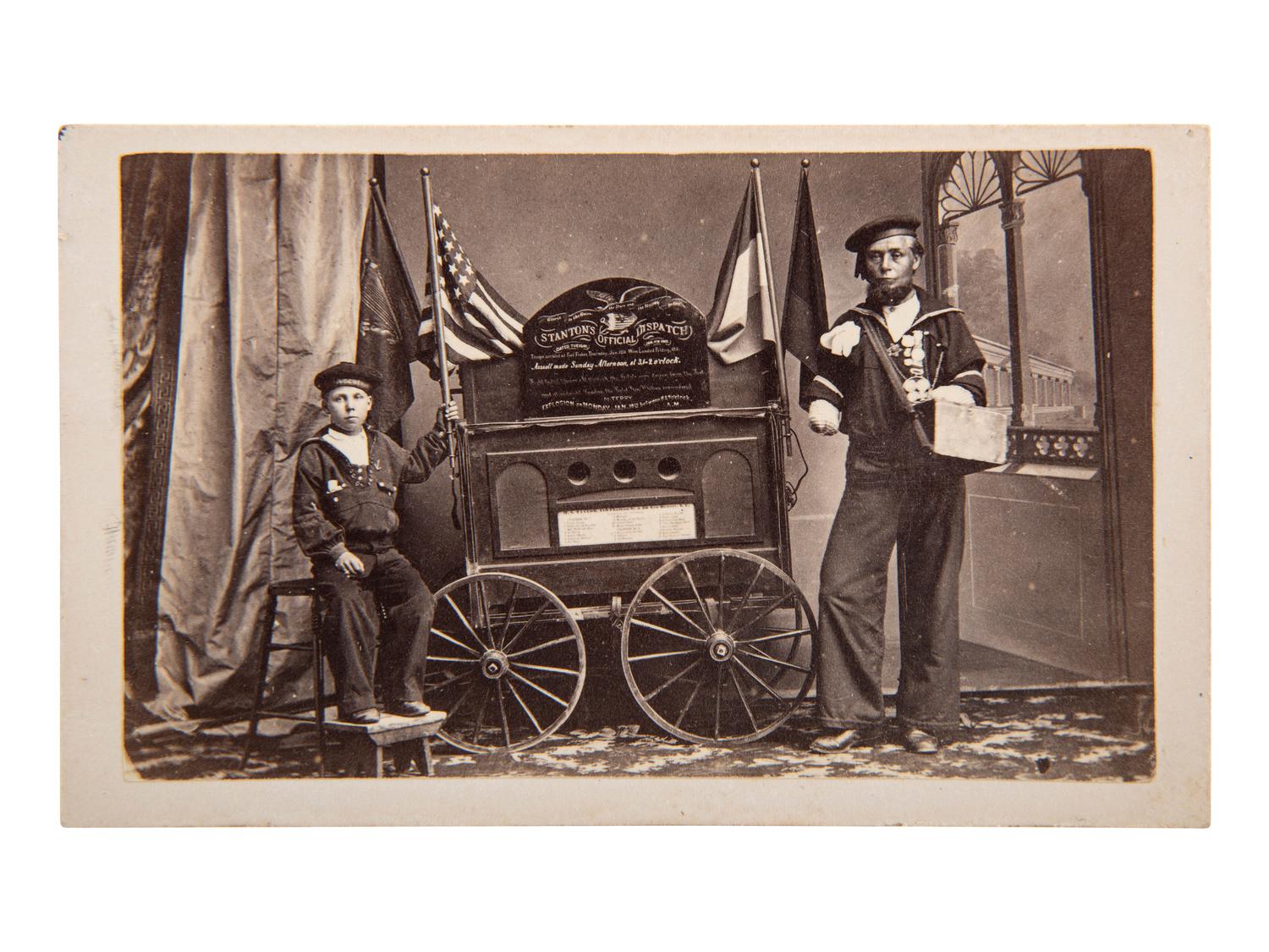 [CIVIL WAR]. FETTER, photographer. "Stanton's Official Dispatch," CDV featuring identified double amputee from Fort Fisher. Logansport, IN: 1865.