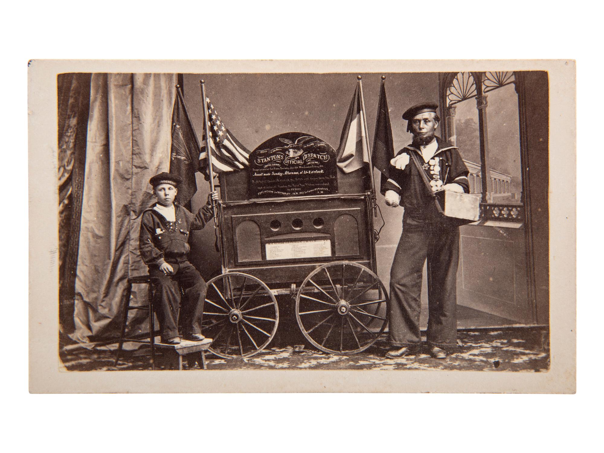 [CIVIL WAR]. FETTER, photographer. "Stanton's Official Dispatch," CDV featuring identified double amputee from Fort Fisher. Logansport, IN: 1865.